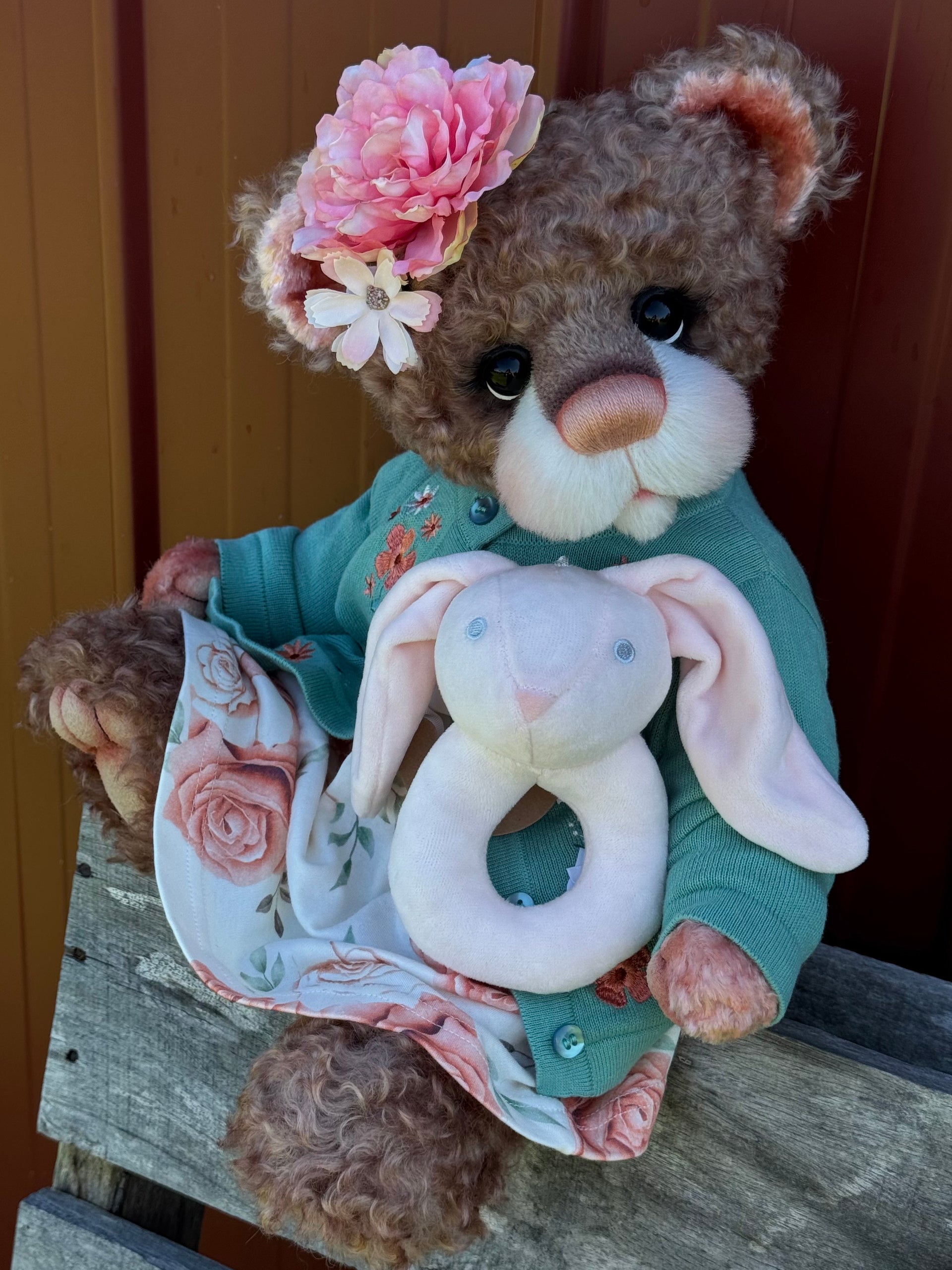 Daisy Nutmeg - 18" Chocolate and Peach Mohair EASTER Artist Bear by Emma's Bears - OOAK
