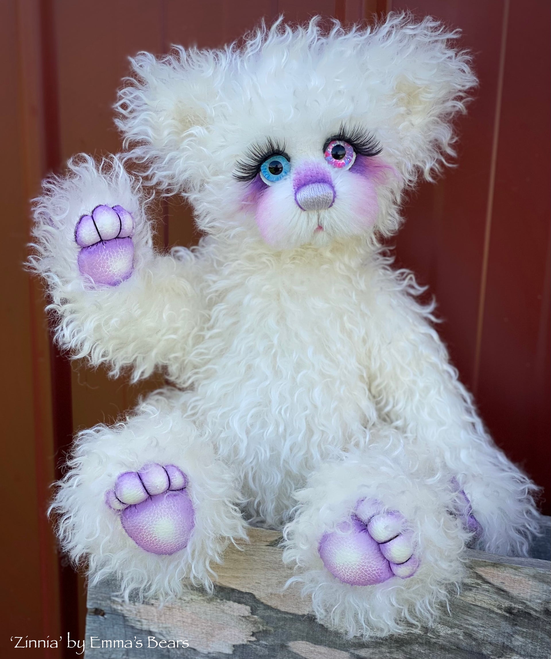 Zinnia - 16" White Curlylocks and Alpaca artist bear by Emma's Bears - OOAK