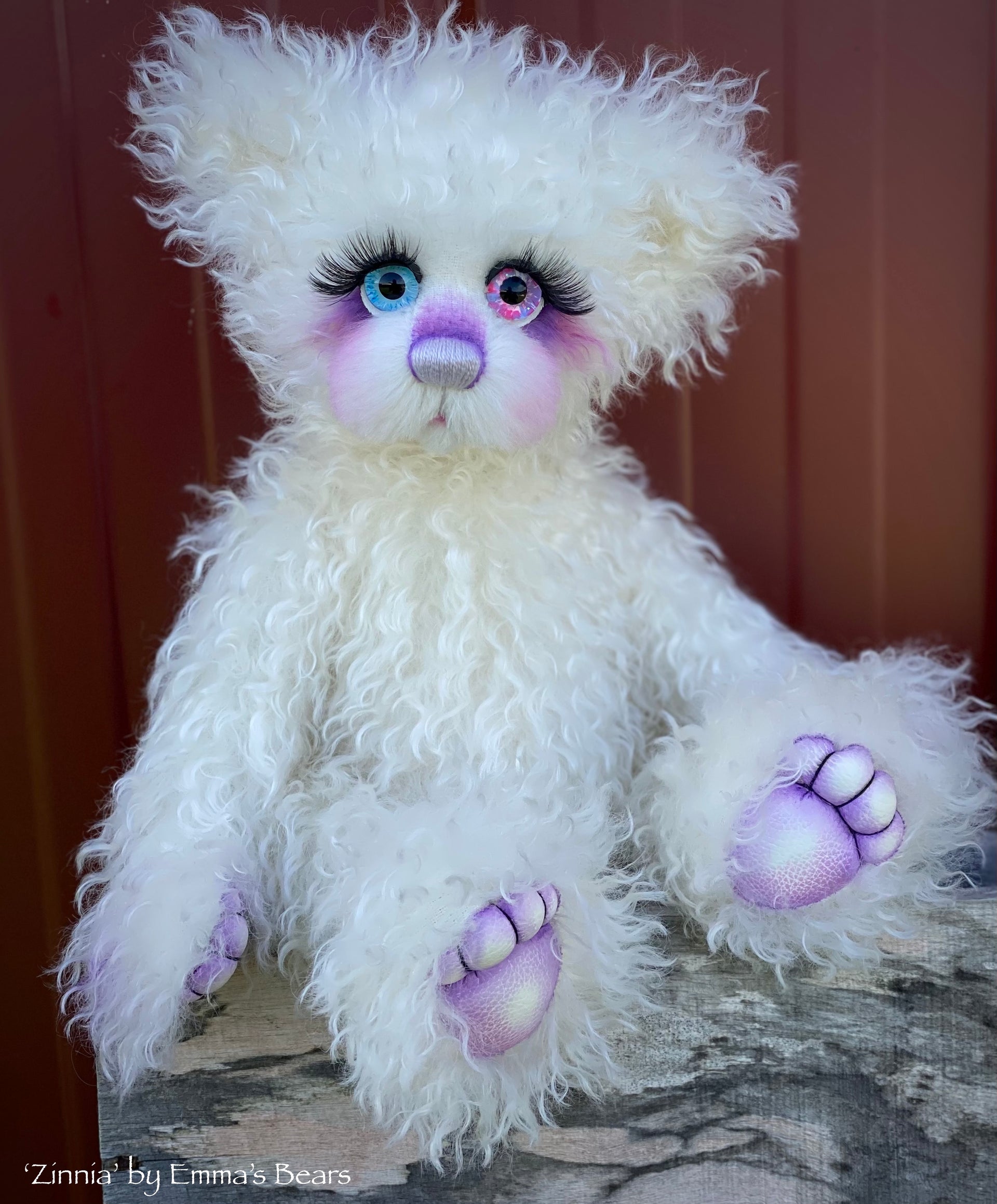 Zinnia - 16" White Curlylocks and Alpaca artist bear by Emma's Bears - OOAK