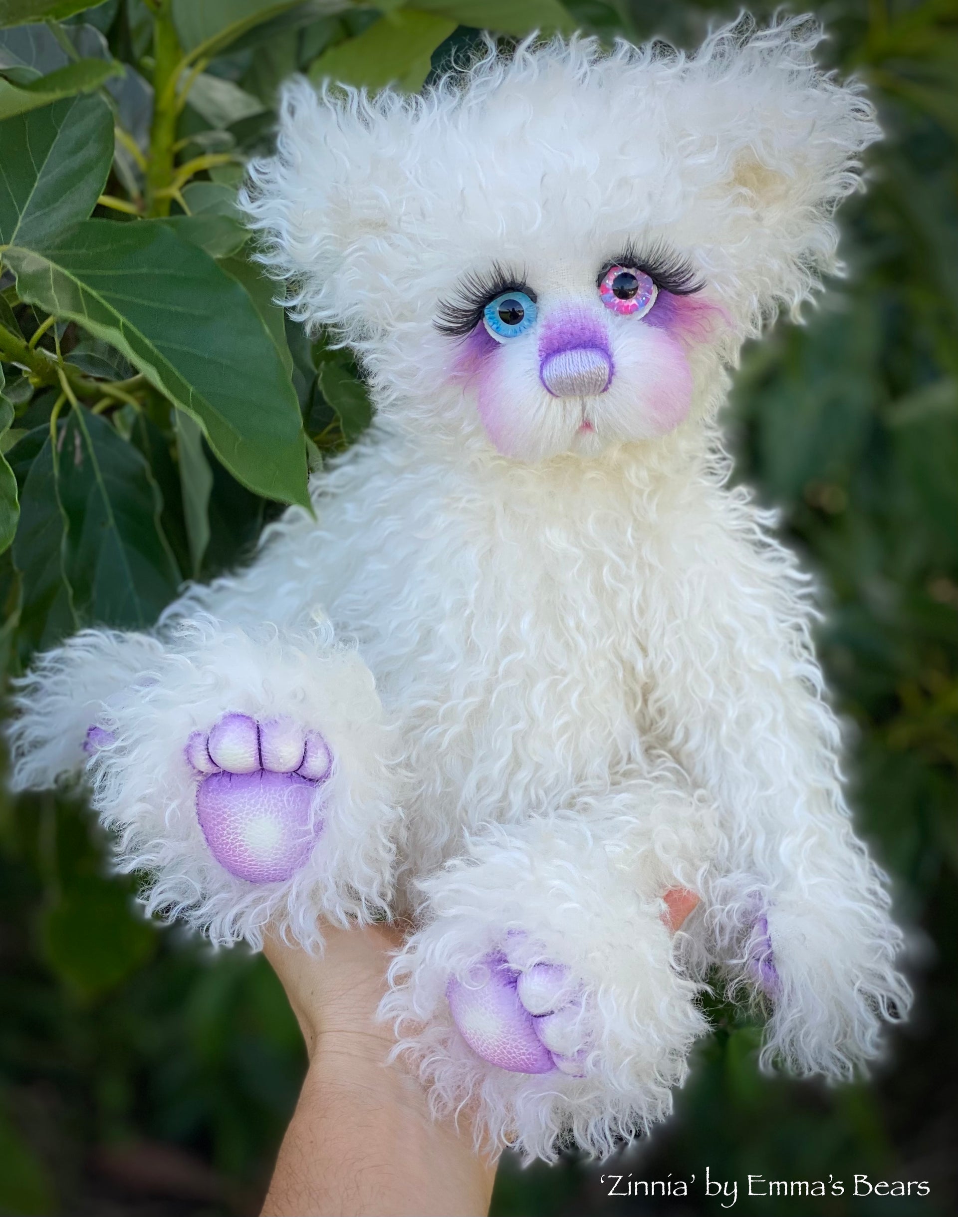 Zinnia - 16" White Curlylocks and Alpaca artist bear by Emma's Bears - OOAK