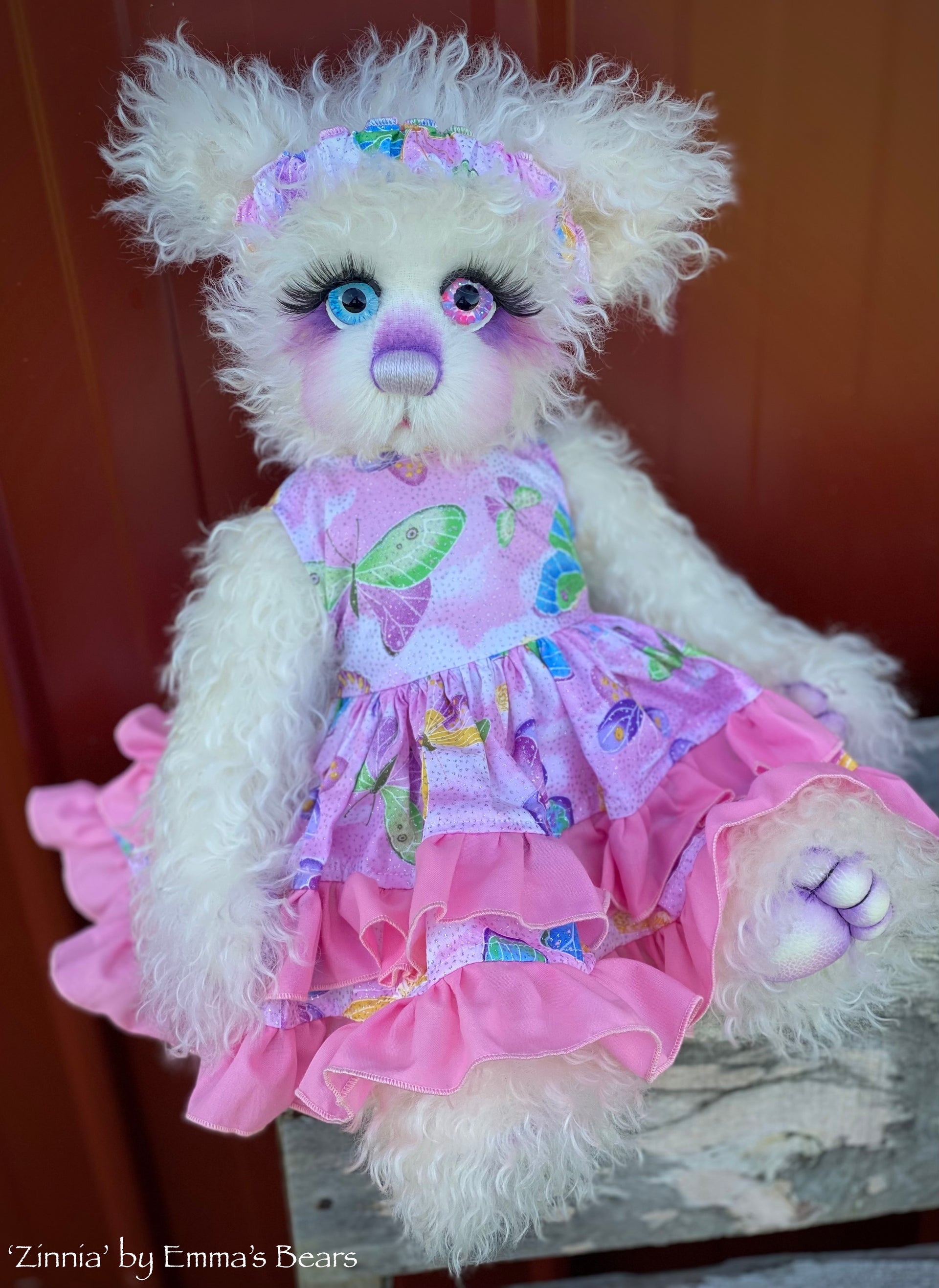 Zinnia - 16" White Curlylocks and Alpaca artist bear by Emma's Bears - OOAK