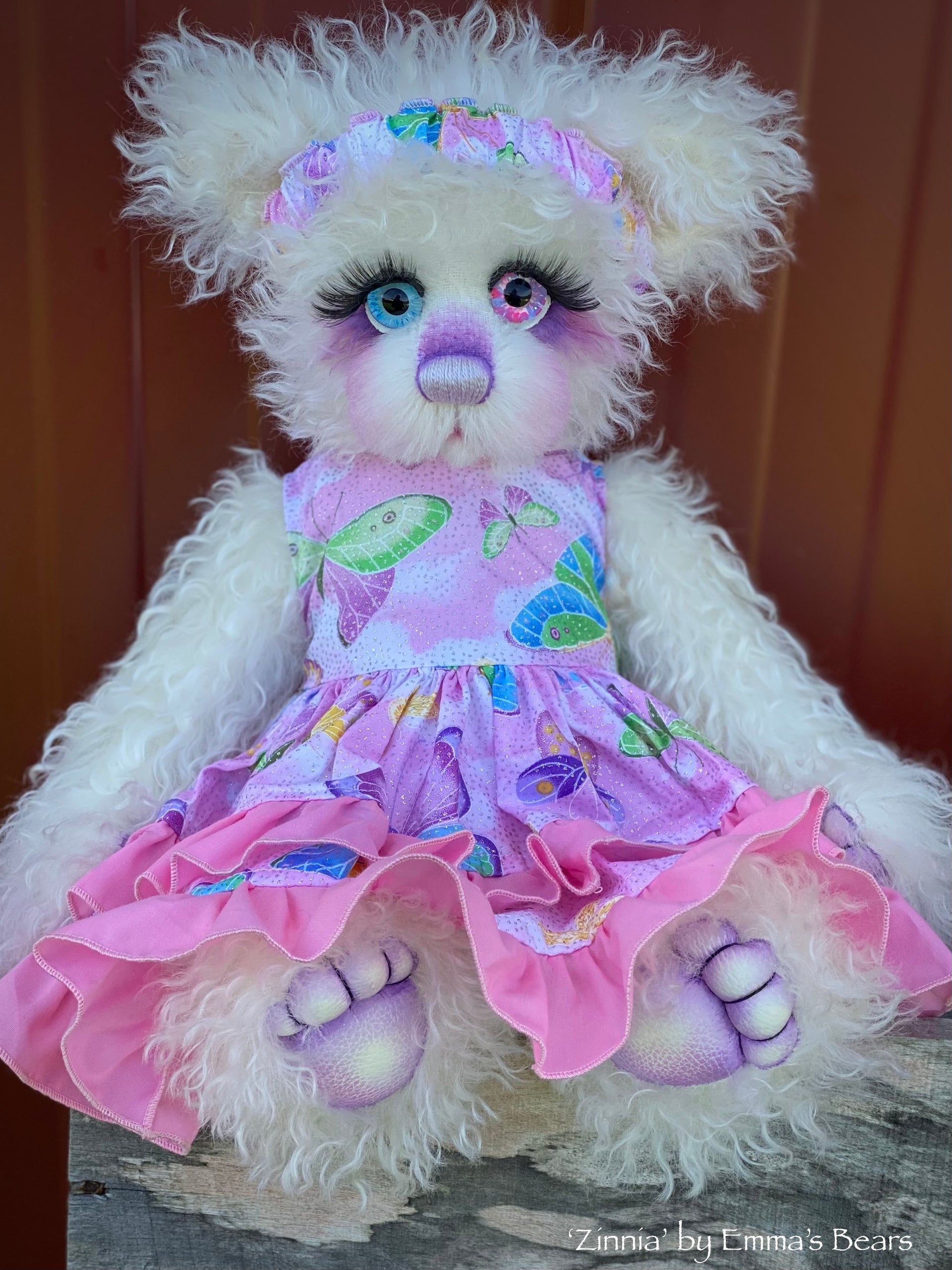 Zinnia - 16" White Curlylocks and Alpaca artist bear by Emma's Bears - OOAK