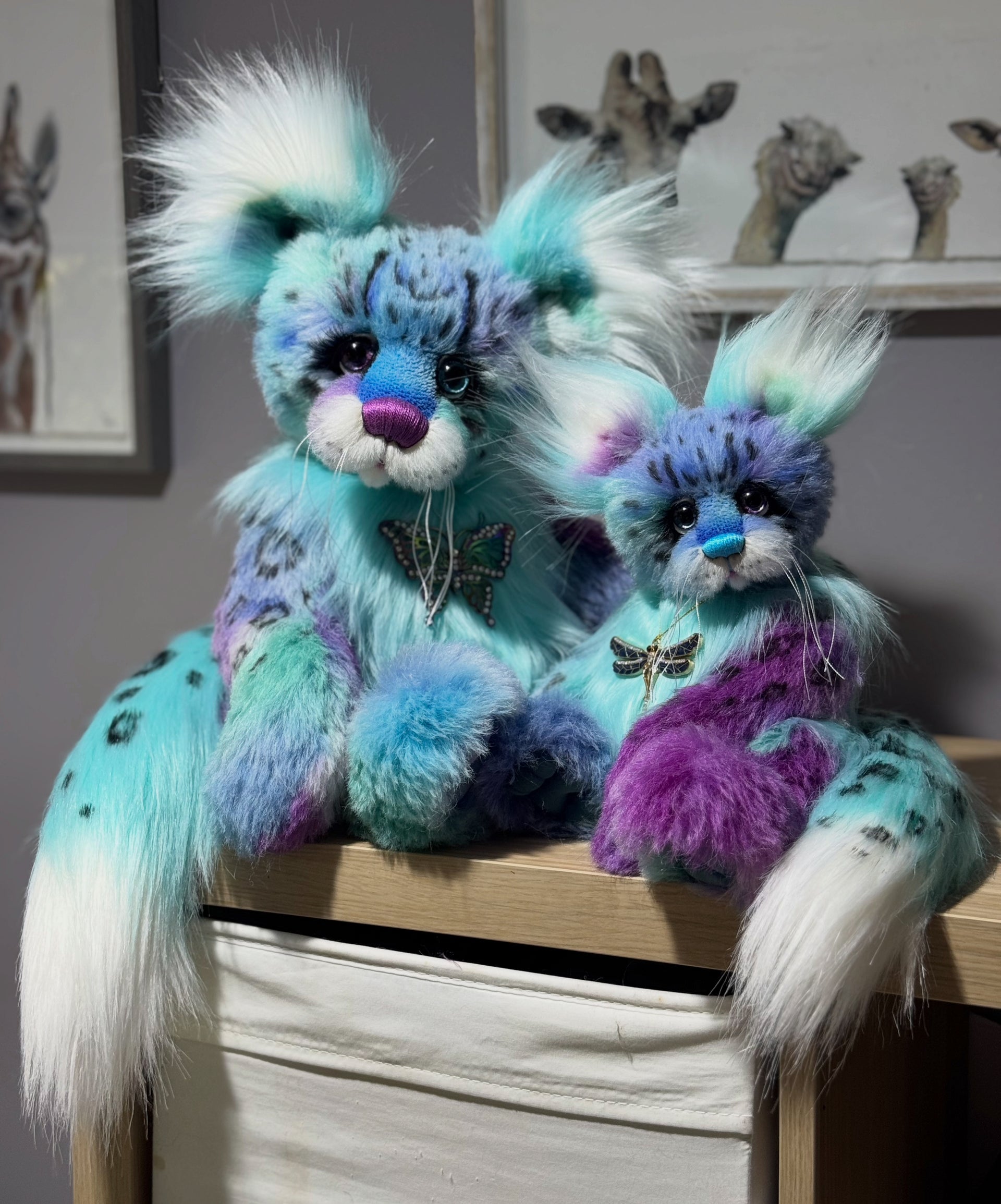 Luna Wisp - 12" hand dyed alpaca and faux fur winged snow leopard fantasy bear by Emmas Bears - OOAK