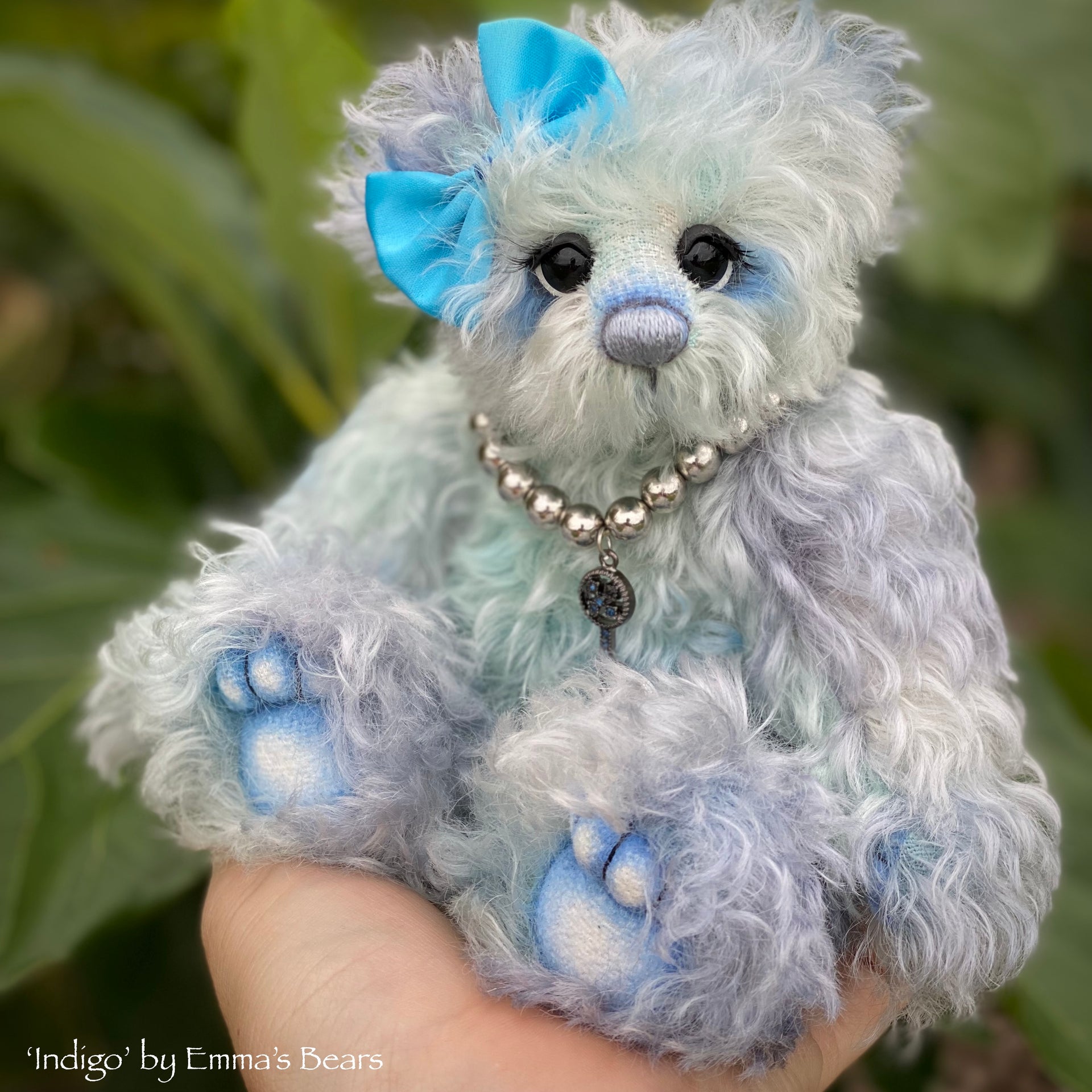 Indigo - 8" Hand Dyed Curly Kid Mohair Artist Bear by Emma's Bears - OOAK