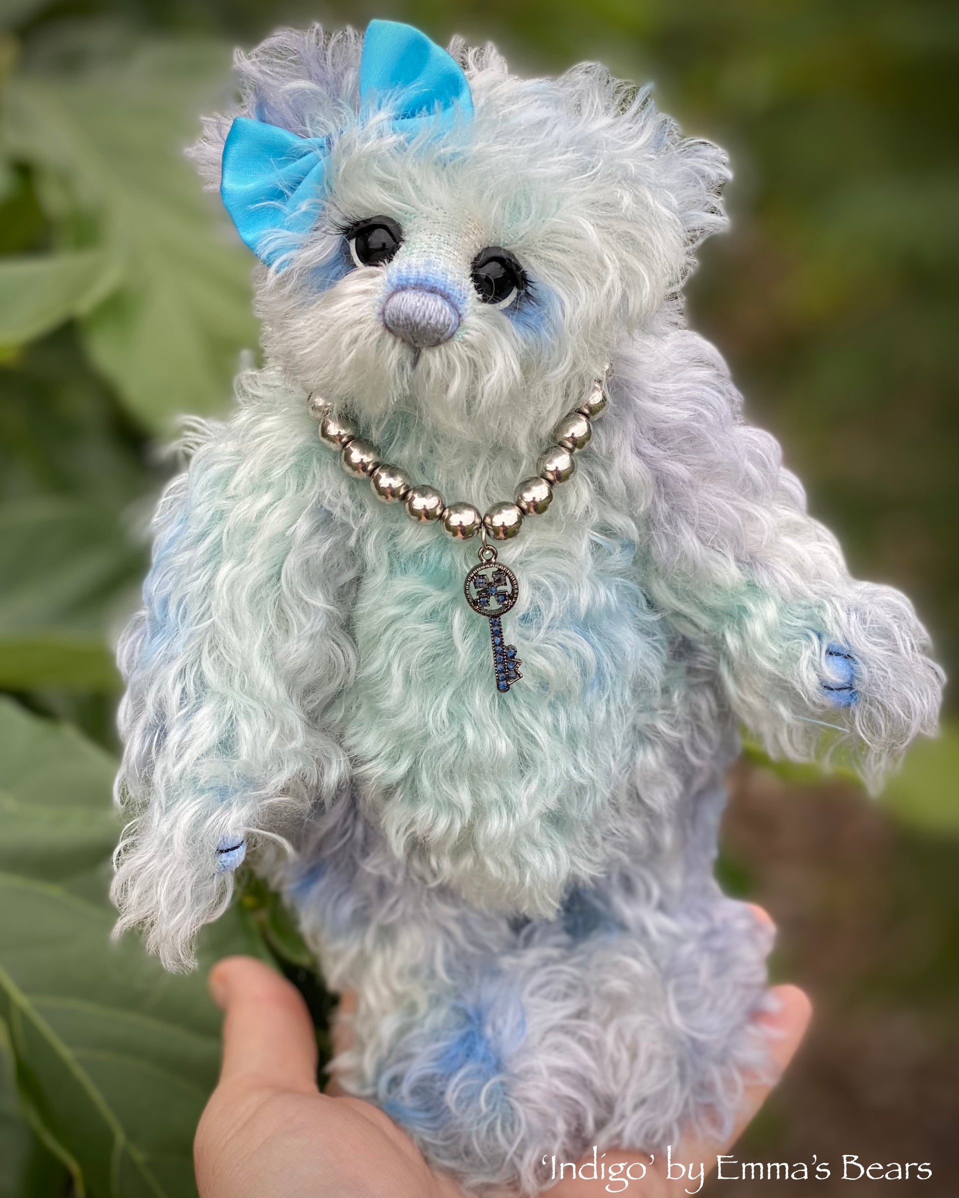 Indigo - 8" Hand Dyed Curly Kid Mohair Artist Bear by Emma's Bears - OOAK