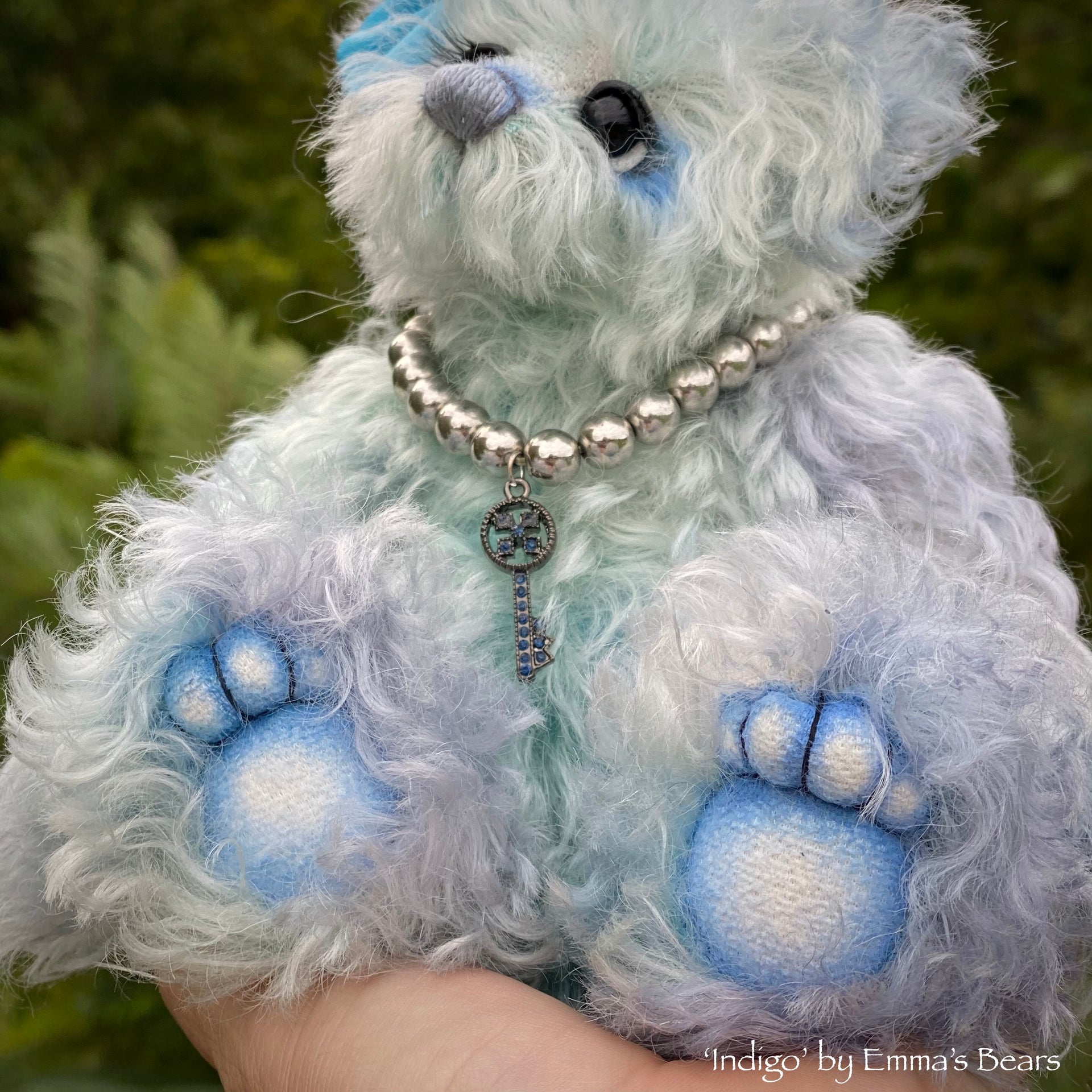 Indigo - 8" Hand Dyed Curly Kid Mohair Artist Bear by Emma's Bears - OOAK