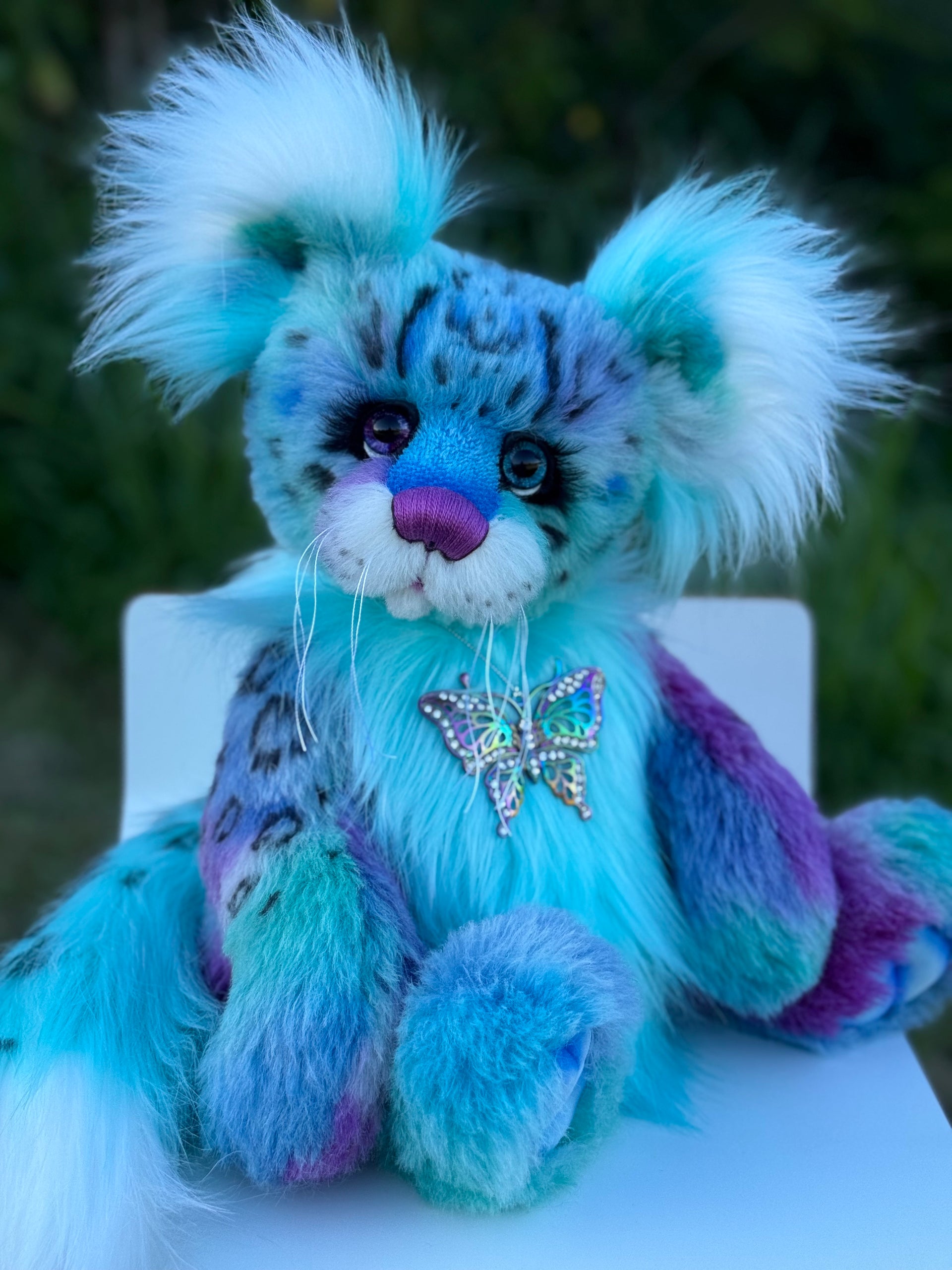 Aurora Papillon - 18" hand dyed alpaca and faux fur snow leopard fantasy bear by Emmas Bears - OOAK