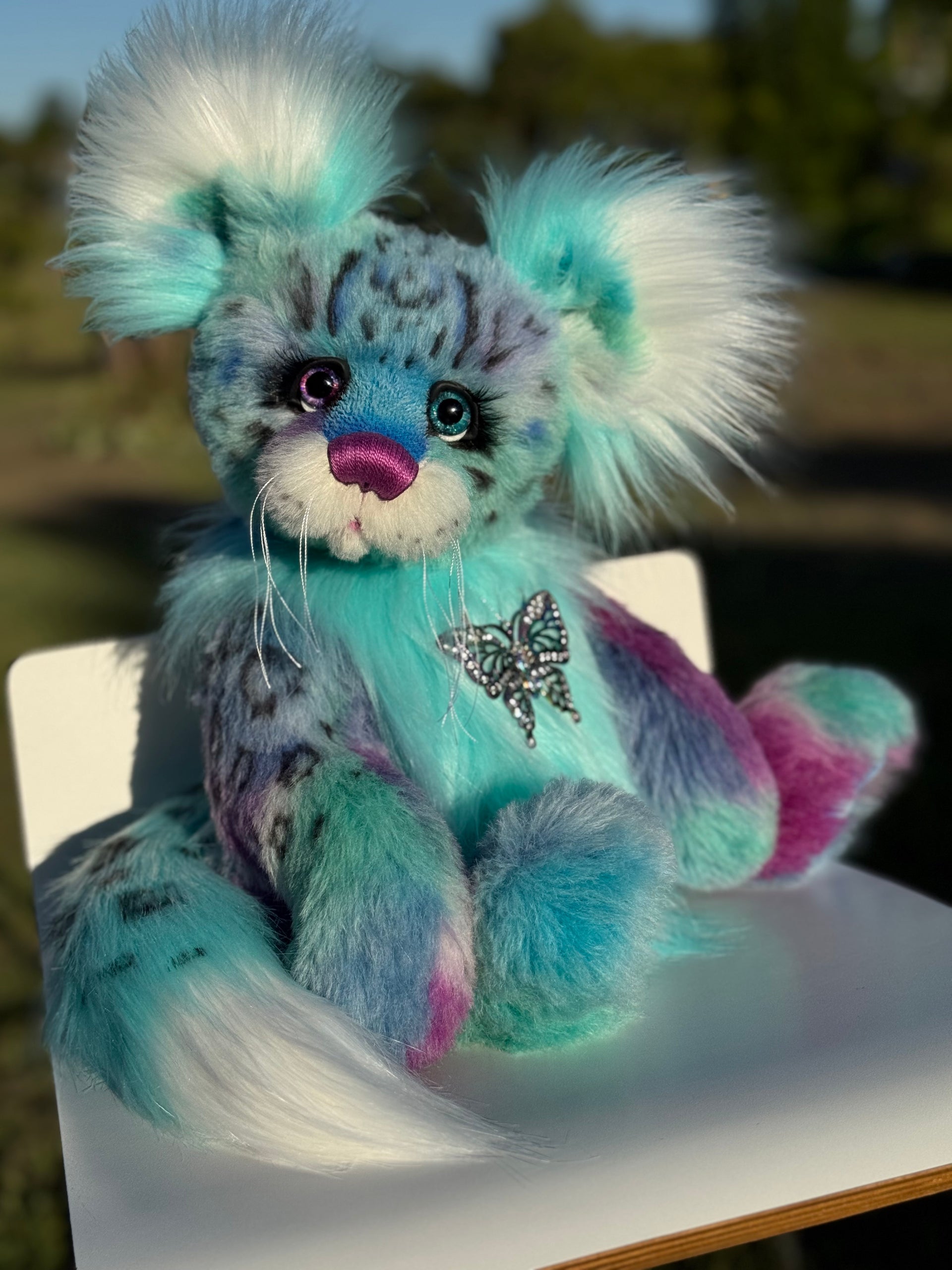 Aurora Papillon - 18" hand dyed alpaca and faux fur snow leopard fantasy bear by Emmas Bears - OOAK