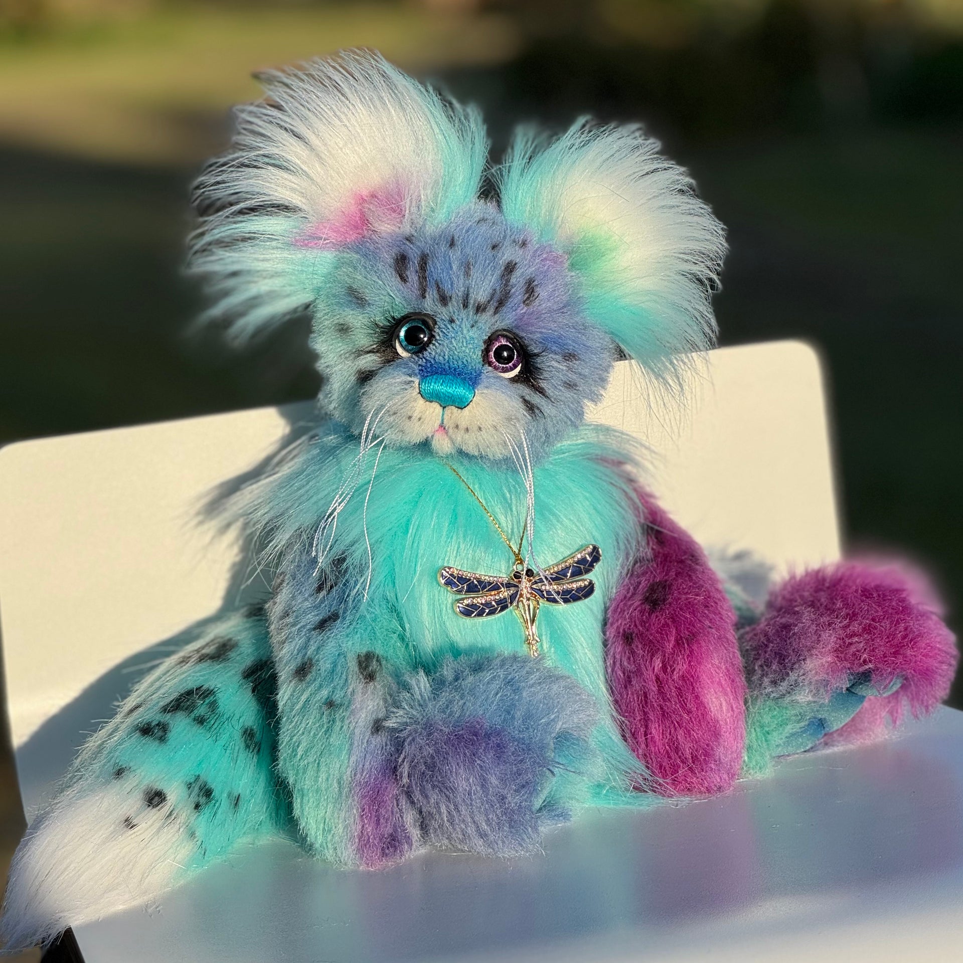 Luna Wisp - 12" hand dyed alpaca and faux fur winged snow leopard fantasy bear by Emmas Bears - OOAK