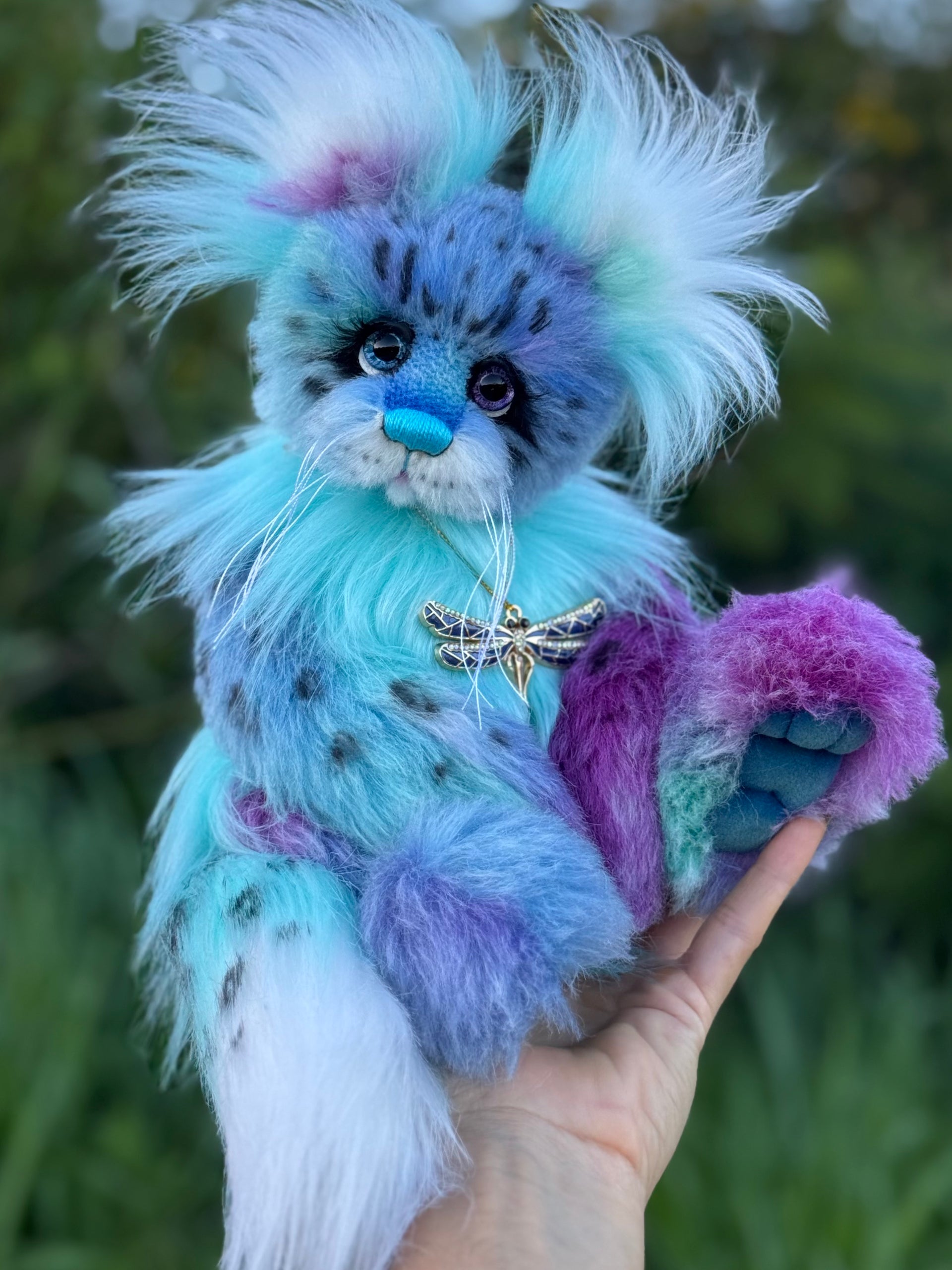 Luna Wisp - 12" hand dyed alpaca and faux fur winged snow leopard fantasy bear by Emmas Bears - OOAK