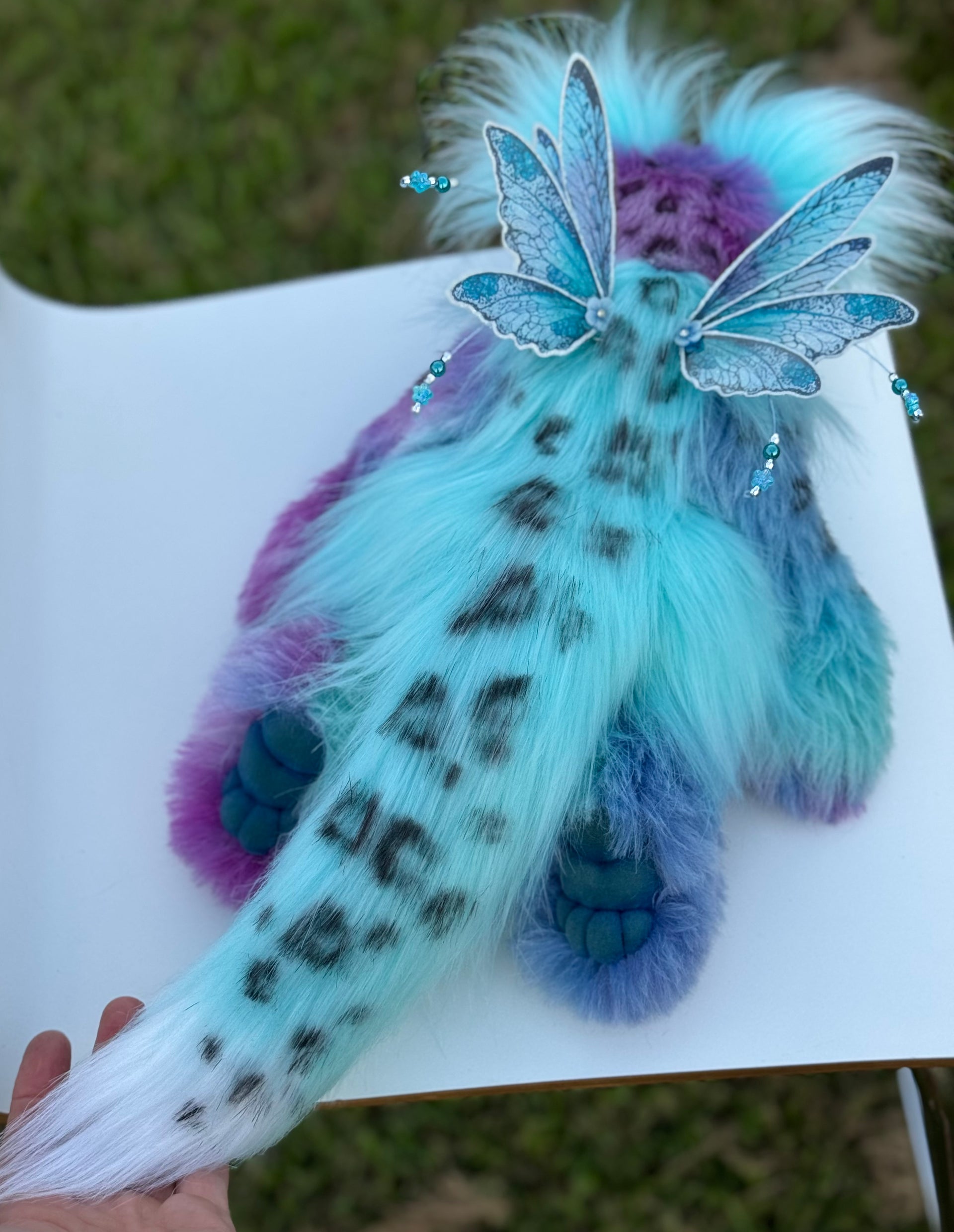 Luna Wisp - 12" hand dyed alpaca and faux fur winged snow leopard fantasy bear by Emmas Bears - OOAK