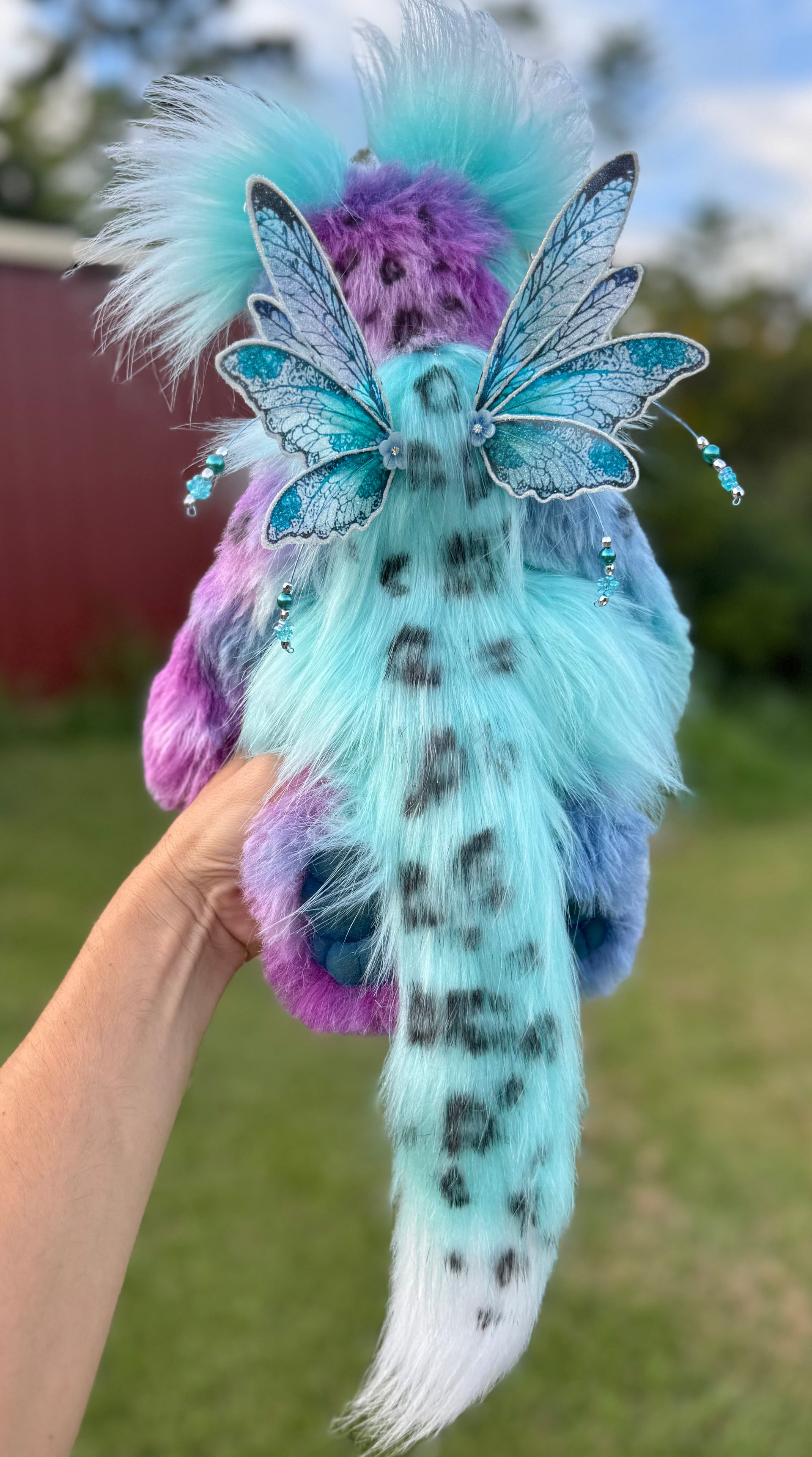 Luna Wisp - 12" hand dyed alpaca and faux fur winged snow leopard fantasy bear by Emmas Bears - OOAK