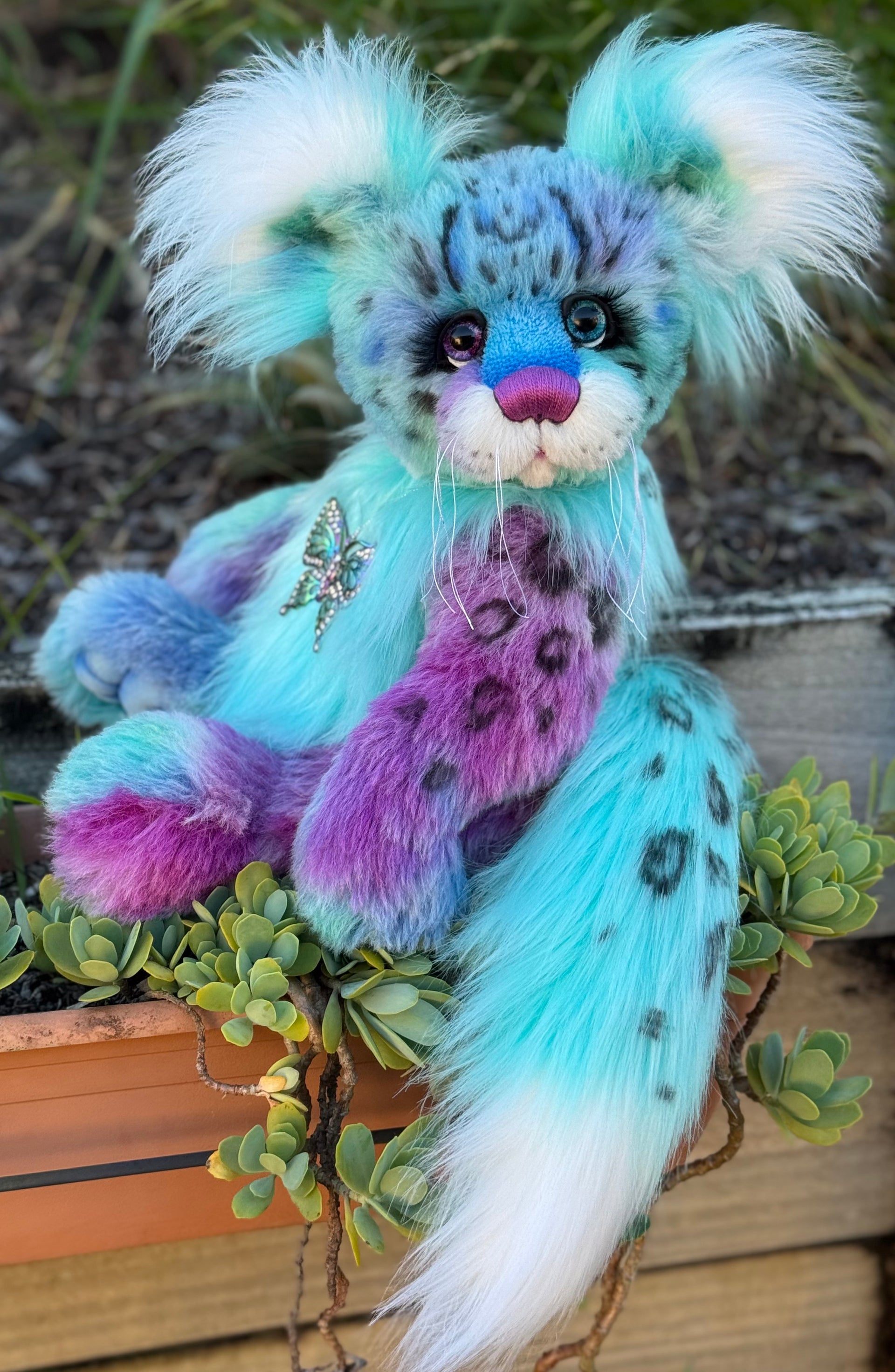 Aurora Papillon - 18" hand dyed alpaca and faux fur snow leopard fantasy bear by Emmas Bears - OOAK