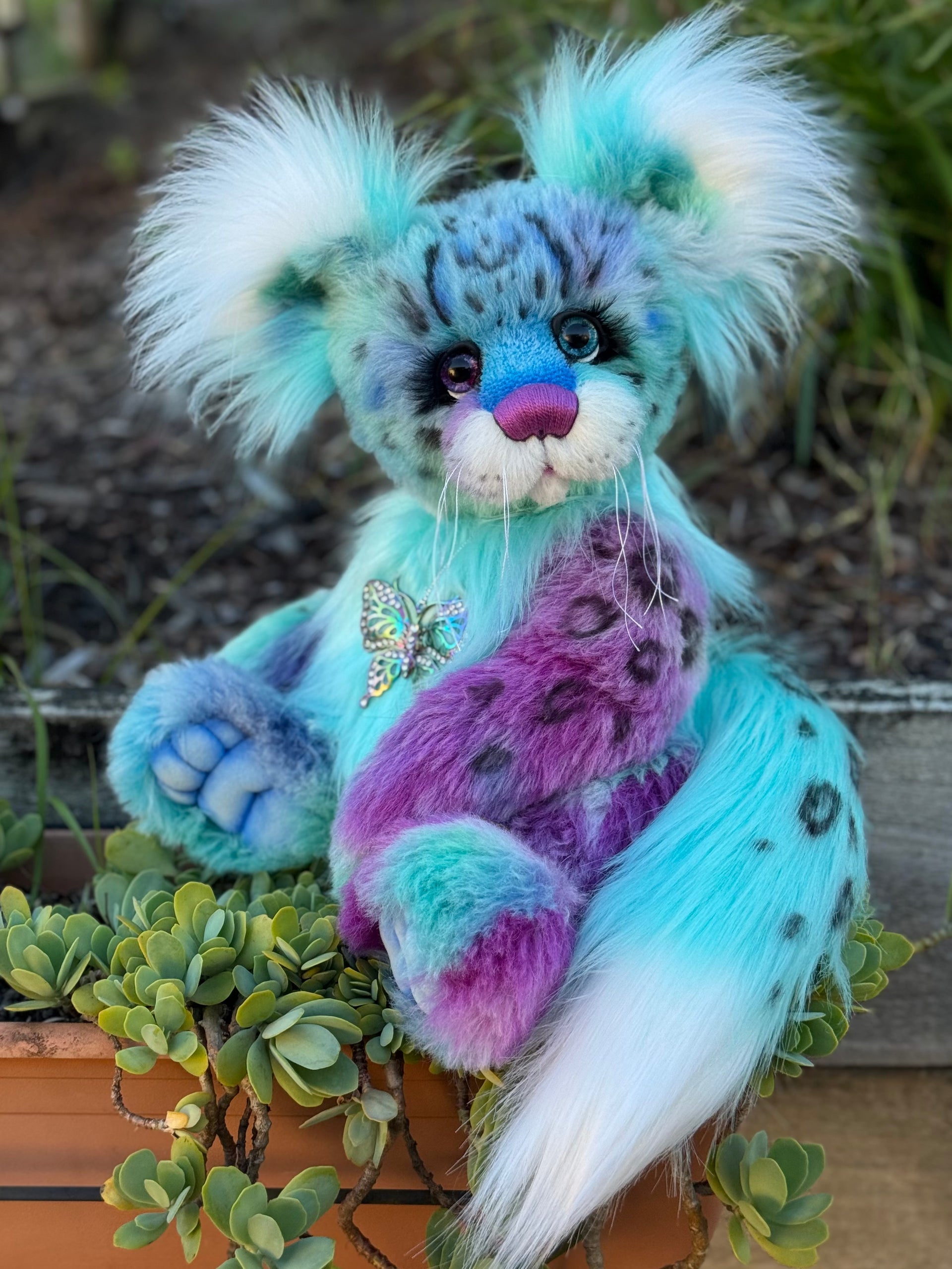 Aurora Papillon - 18" hand dyed alpaca and faux fur snow leopard fantasy bear by Emmas Bears - OOAK