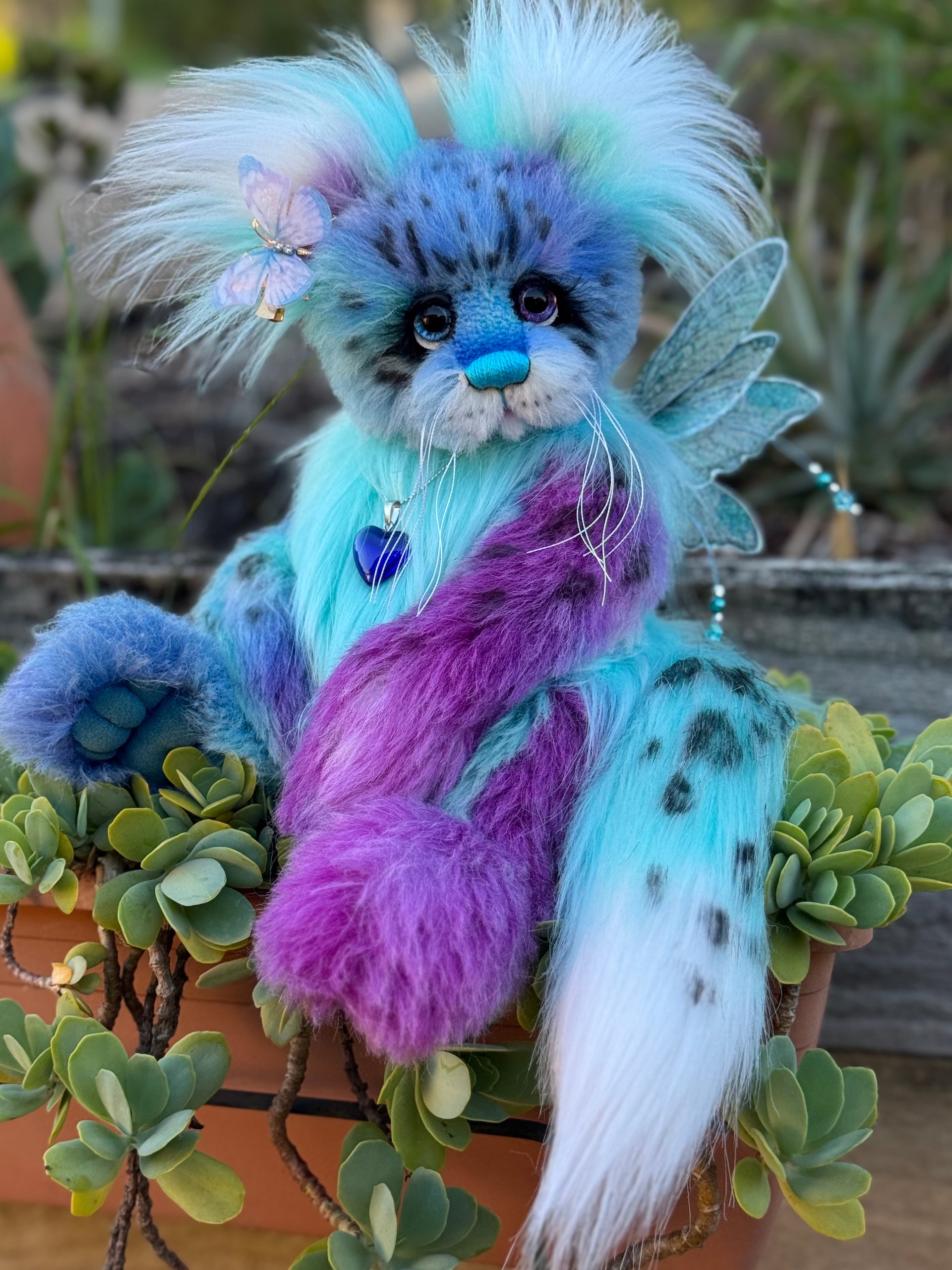 Luna Wisp - 12" hand dyed alpaca and faux fur winged snow leopard fantasy bear by Emmas Bears - OOAK