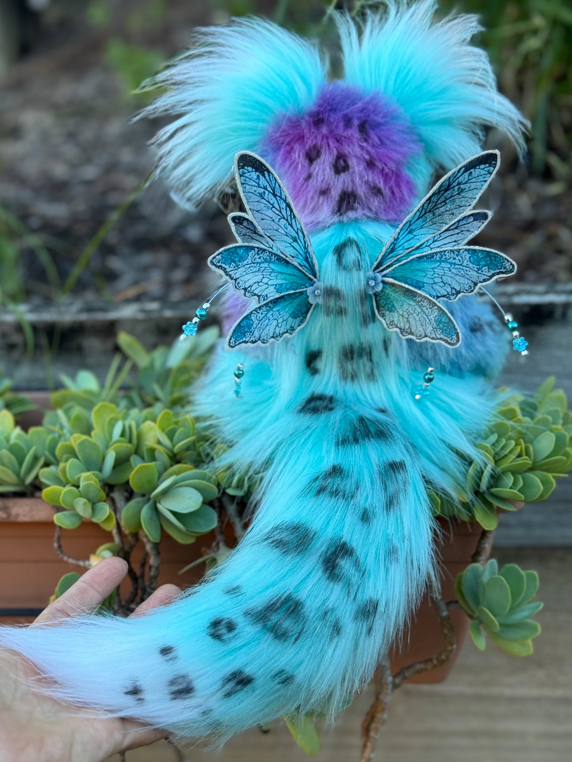 Luna Wisp - 12" hand dyed alpaca and faux fur winged snow leopard fantasy bear by Emmas Bears - OOAK
