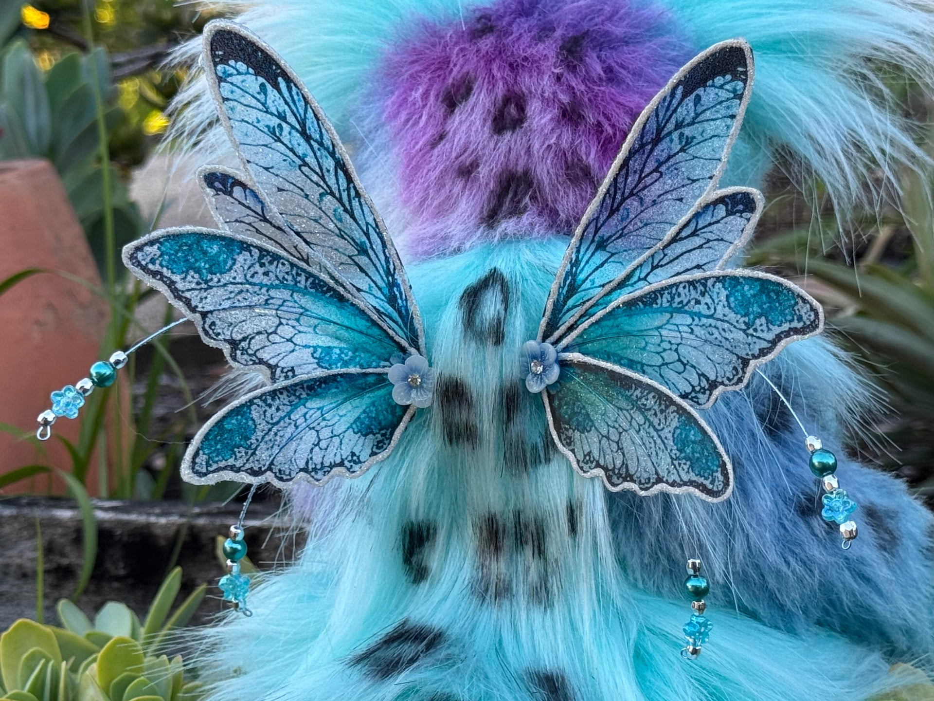 Luna Wisp - 12" hand dyed alpaca and faux fur winged snow leopard fantasy bear by Emmas Bears - OOAK