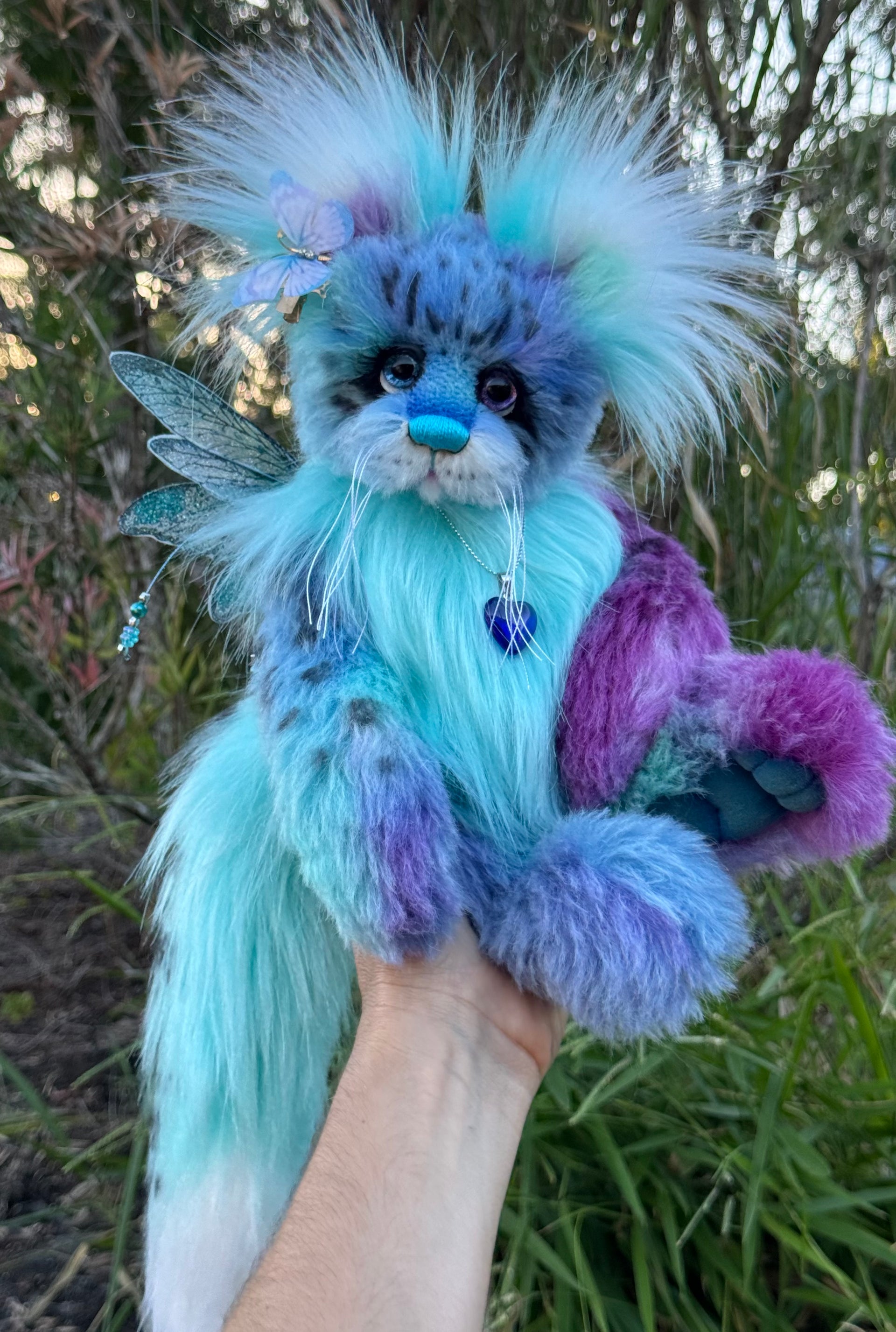 Luna Wisp - 12" hand dyed alpaca and faux fur winged snow leopard fantasy bear by Emmas Bears - OOAK