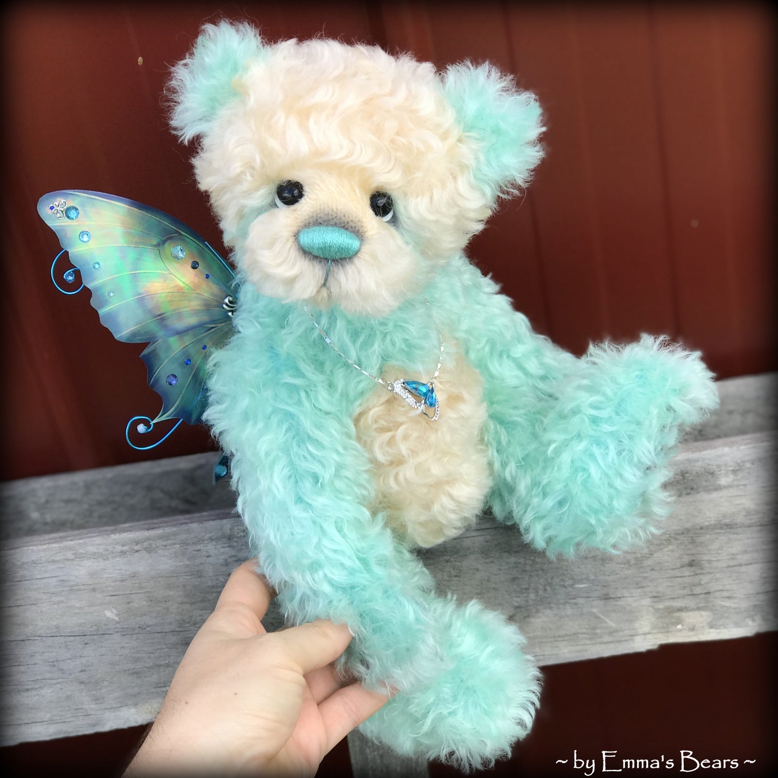 Waverly - 13" Hand dyed turquoise Butterfly Bear by Emma's Bears - OOAK