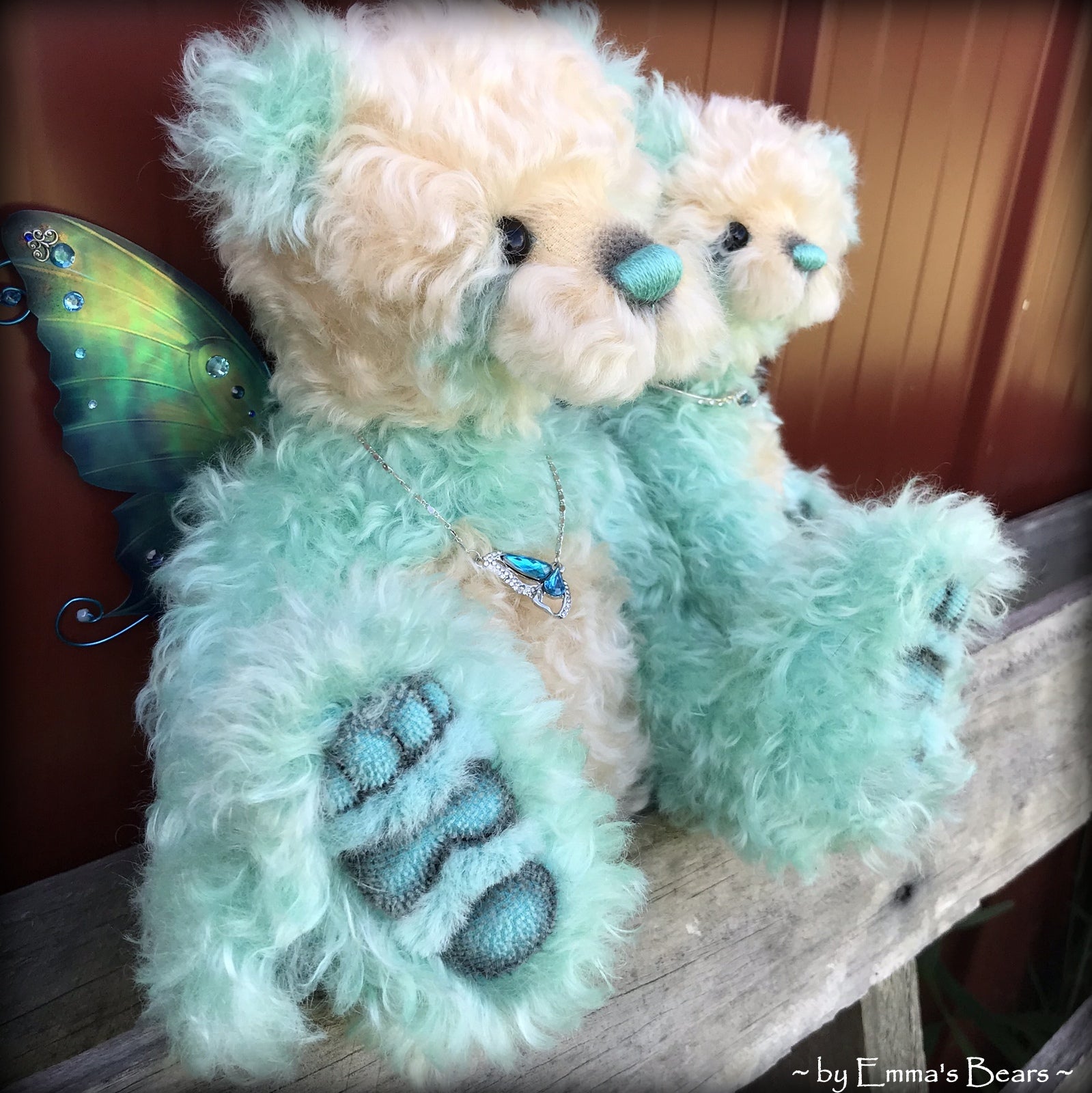 Waverly - 13" Hand dyed turquoise Butterfly Bear by Emma's Bears - OOAK