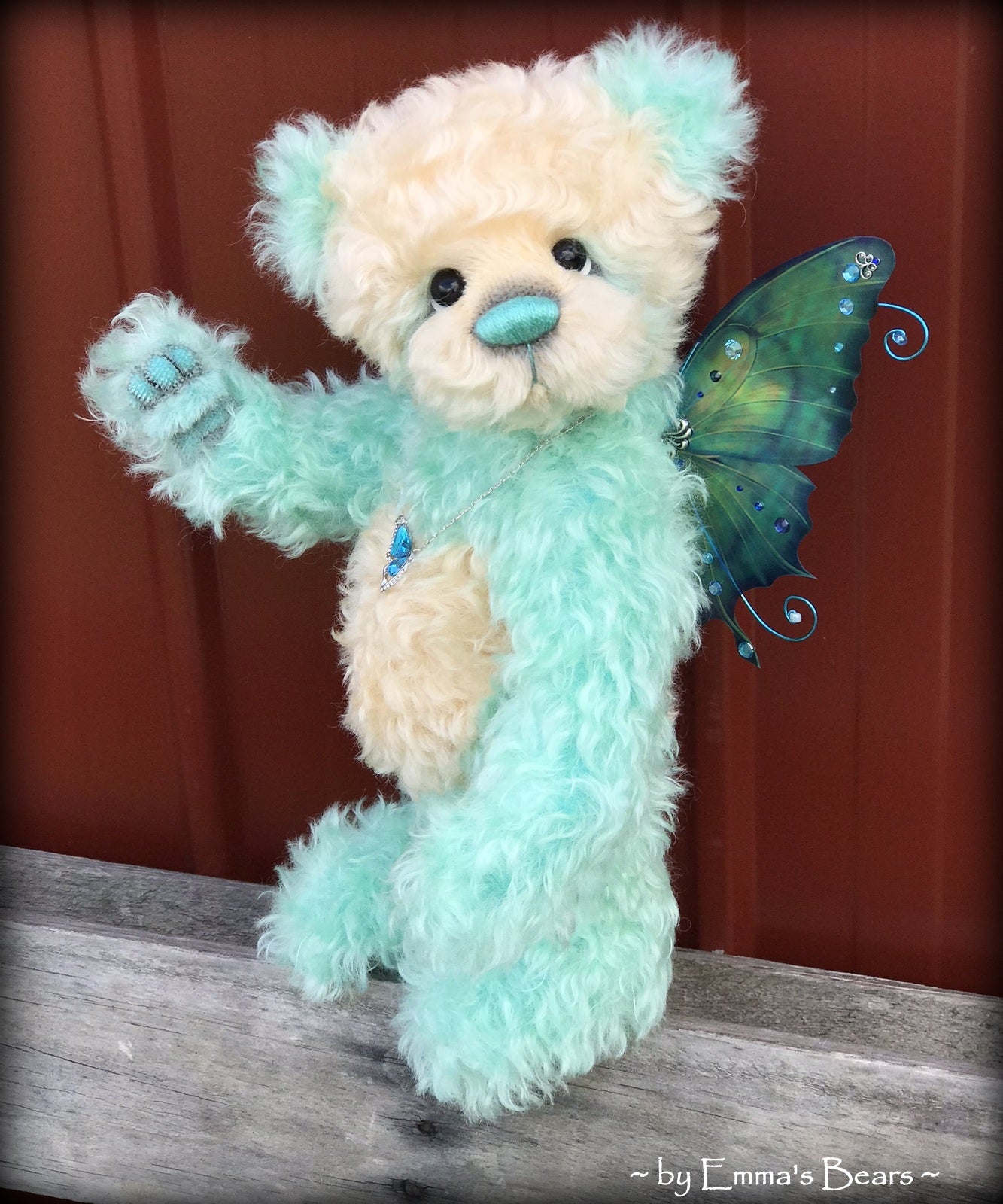 Waverly - 13" Hand dyed turquoise Butterfly Bear by Emma's Bears - OOAK