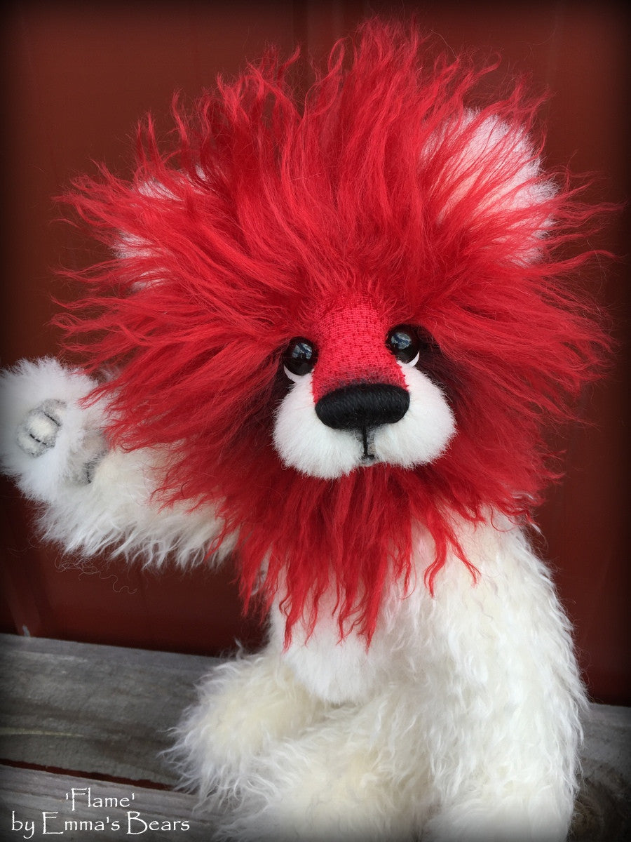 Flame - 12" red and white mohair lion bear by Emmas Bears - OOAK