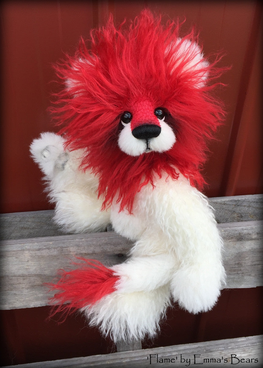 Flame - 12" red and white mohair lion bear by Emmas Bears - OOAK