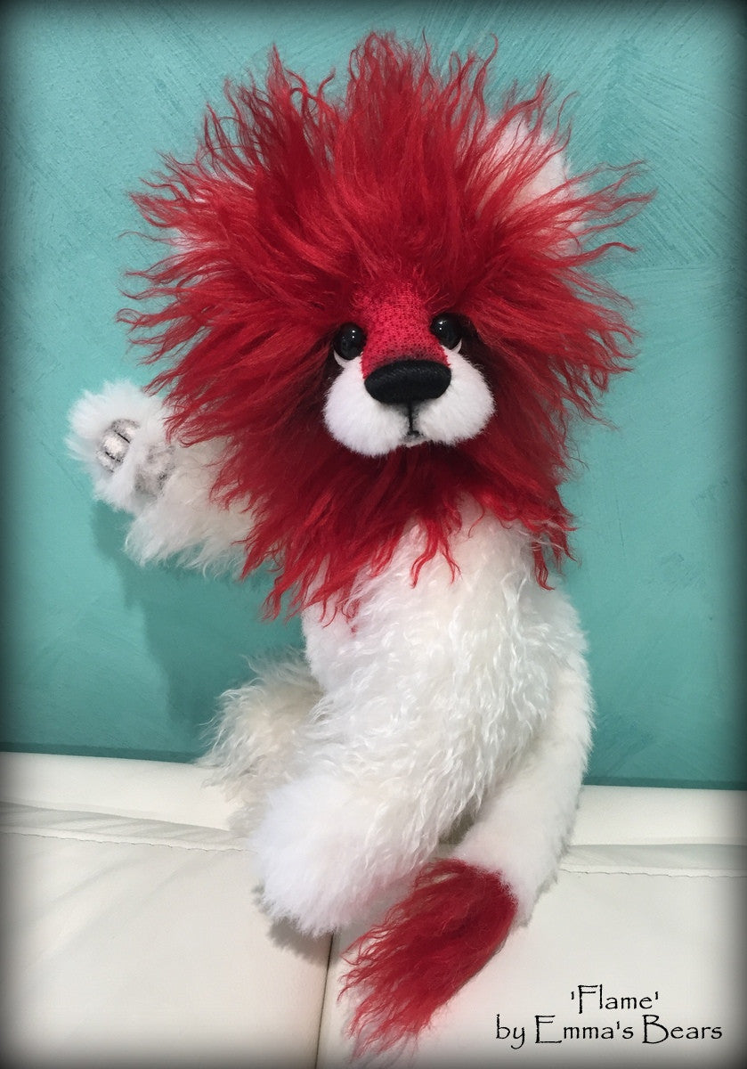 Flame - 12" red and white mohair lion bear by Emmas Bears - OOAK