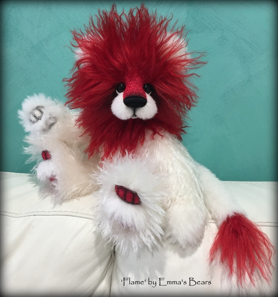 Flame - 12" red and white mohair lion bear by Emmas Bears - OOAK