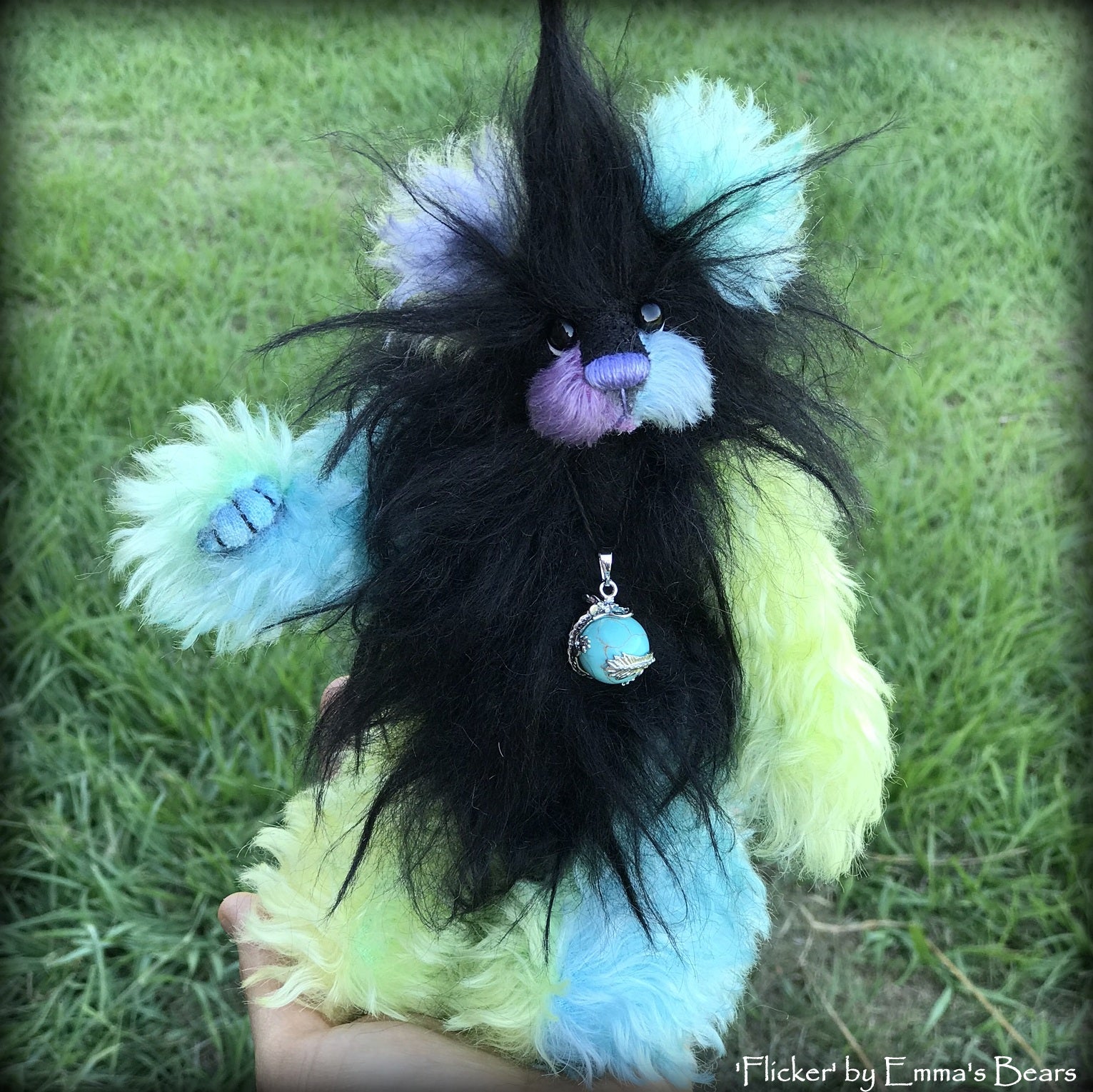 Flicker - 8" Rainbow and Black Mohair Artist Bear by Emma's Bears - OOAK