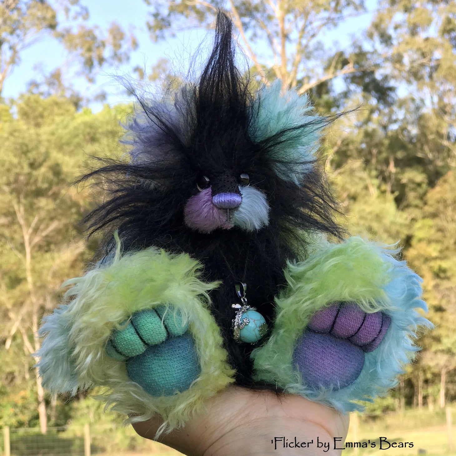 Flicker - 8" Rainbow and Black Mohair Artist Bear by Emma's Bears - OOAK