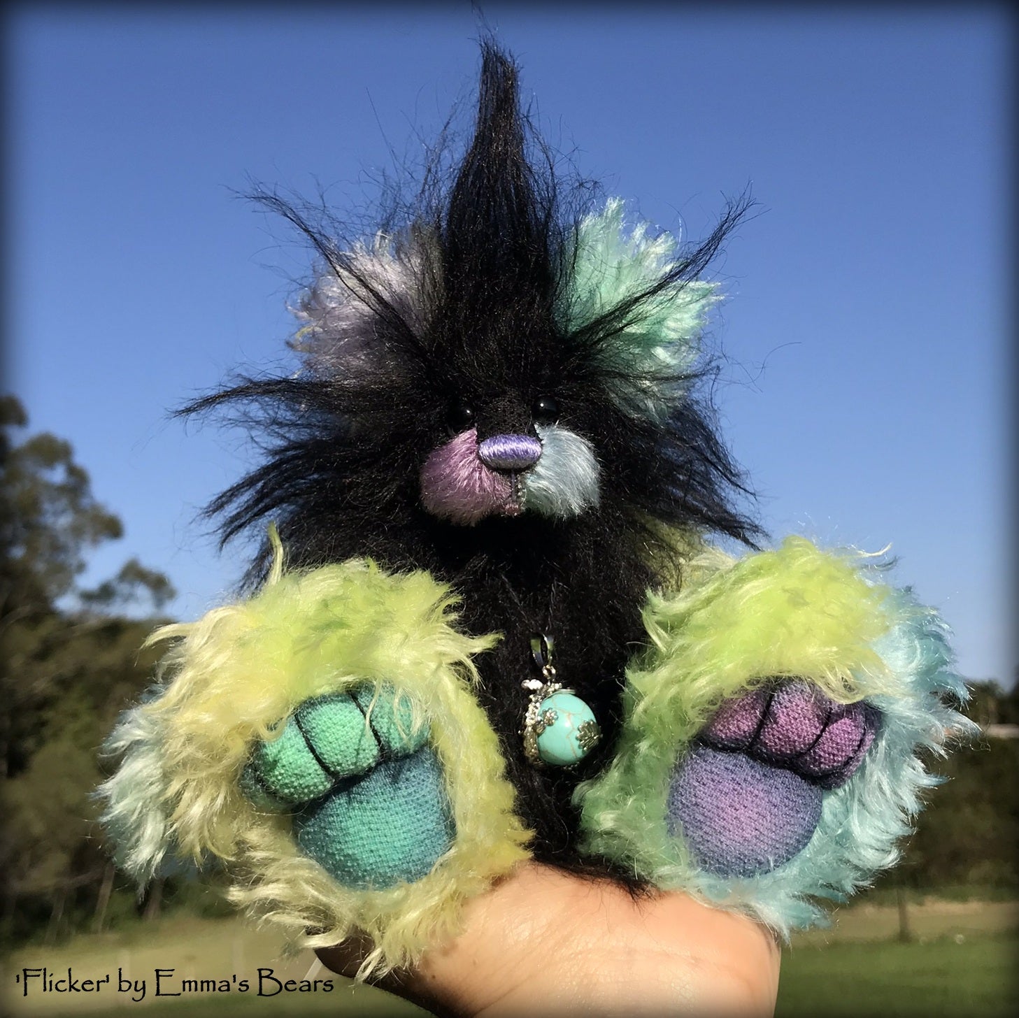 Flicker - 8" Rainbow and Black Mohair Artist Bear by Emma's Bears - OOAK