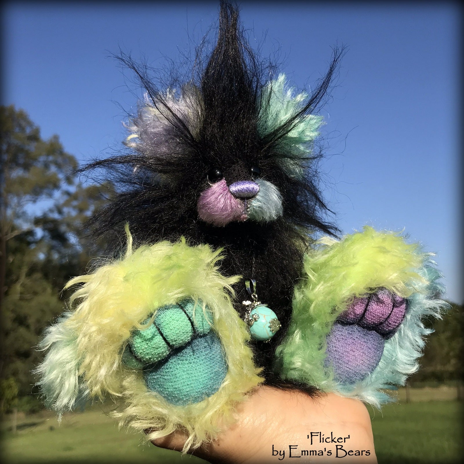 Flicker - 8" Rainbow and Black Mohair Artist Bear by Emma's Bears - OOAK