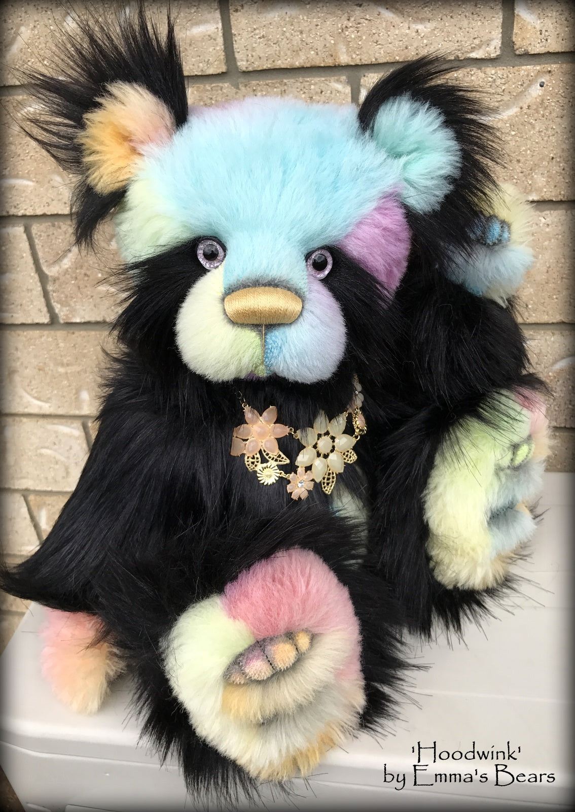 Hoodwink - 19" rainbow alpaca and faux fur artist bear by Emma's Bears  - OOAK