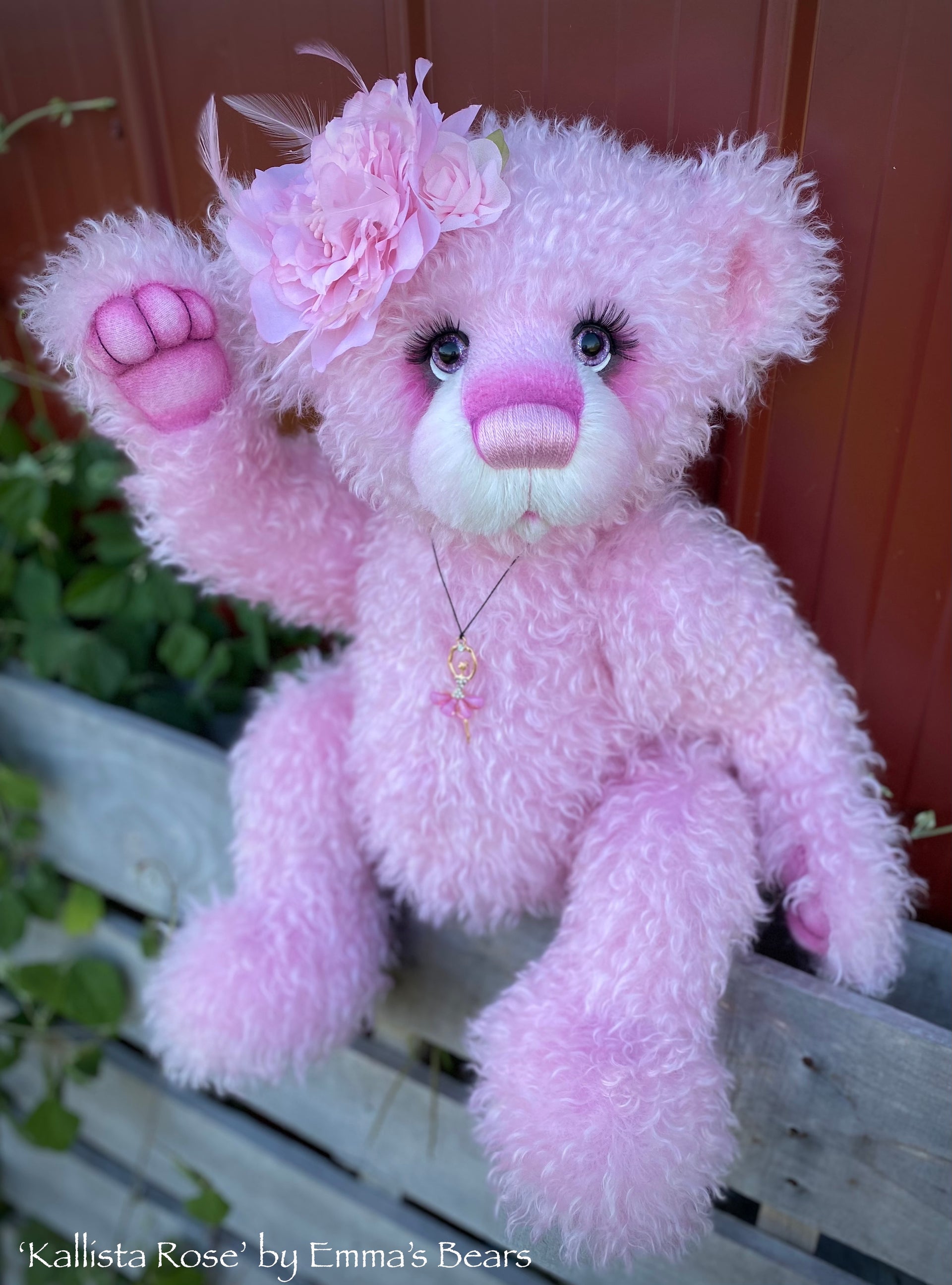 'Kallista Rose' - Hand Dyed Pink Curlylocks mohair Artist Bear by Emma's Bears - OOAK