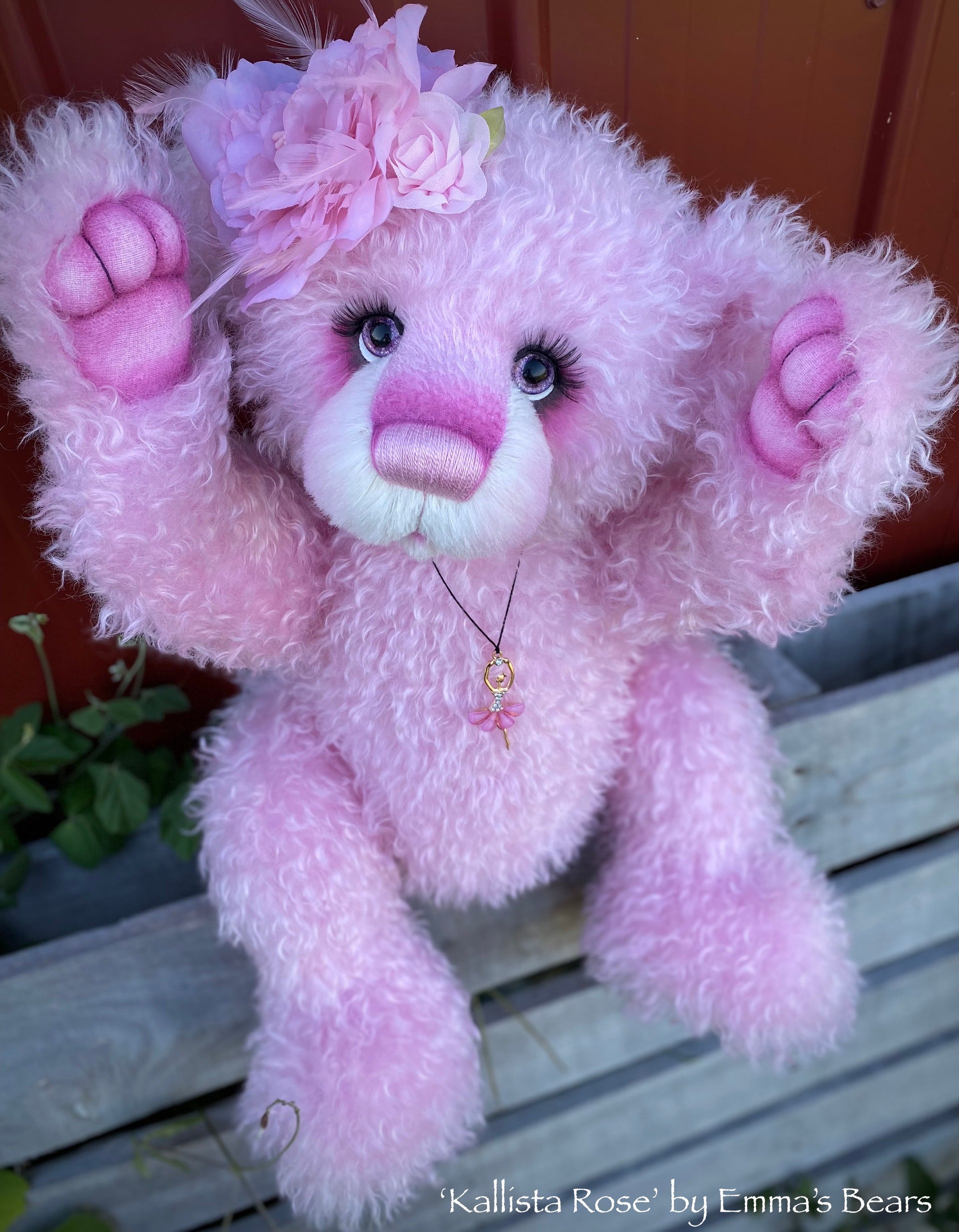 'Kallista Rose' - Hand Dyed Pink Curlylocks mohair Artist Bear by Emma's Bears - OOAK