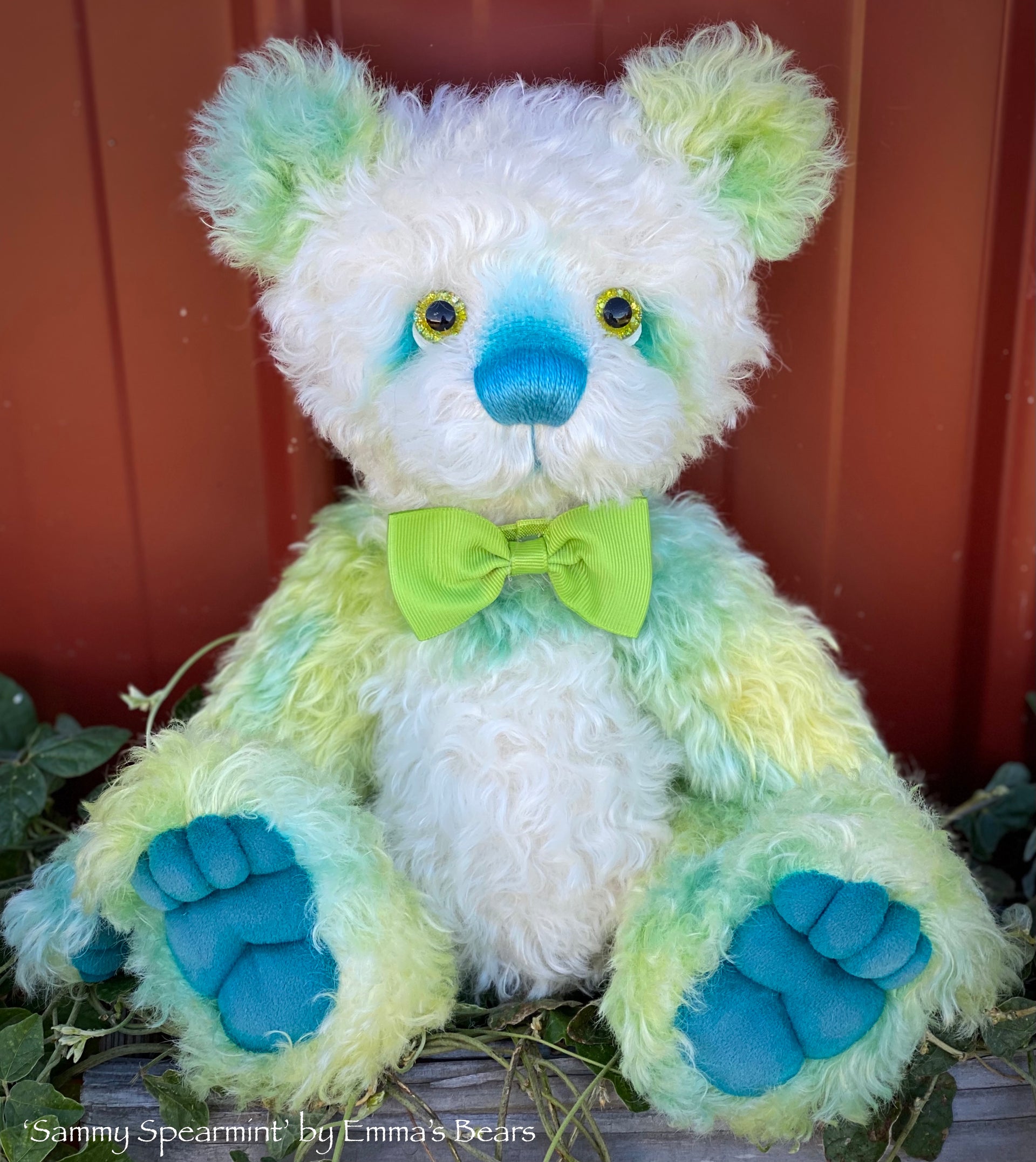 Sammy Spearmint - 14" Hand-dyed curly kid mohair Artist Bear by Emmas Bears - OOAK