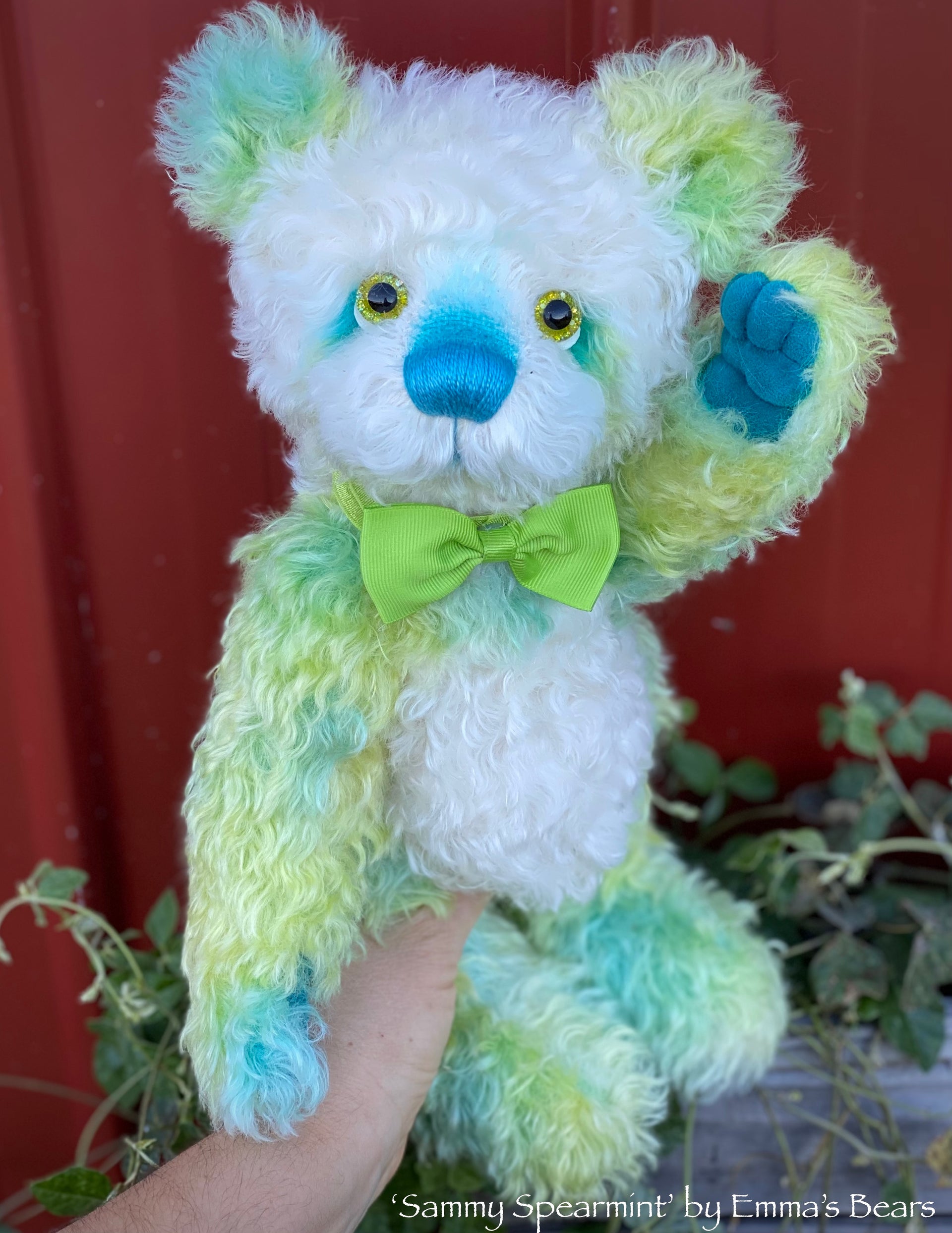 Sammy Spearmint - 14" Hand-dyed curly kid mohair Artist Bear by Emmas Bears - OOAK