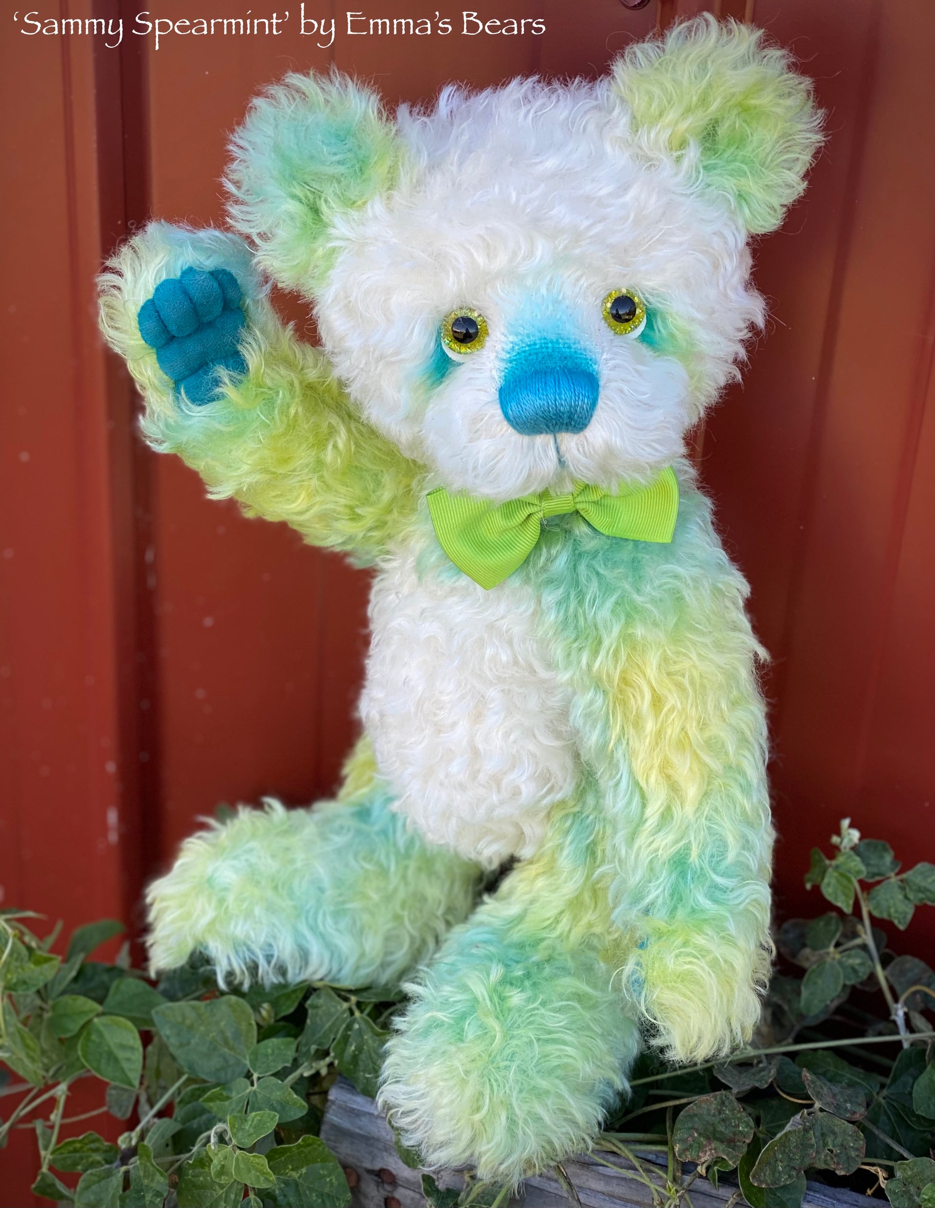 Sammy Spearmint - 14" Hand-dyed curly kid mohair Artist Bear by Emmas Bears - OOAK