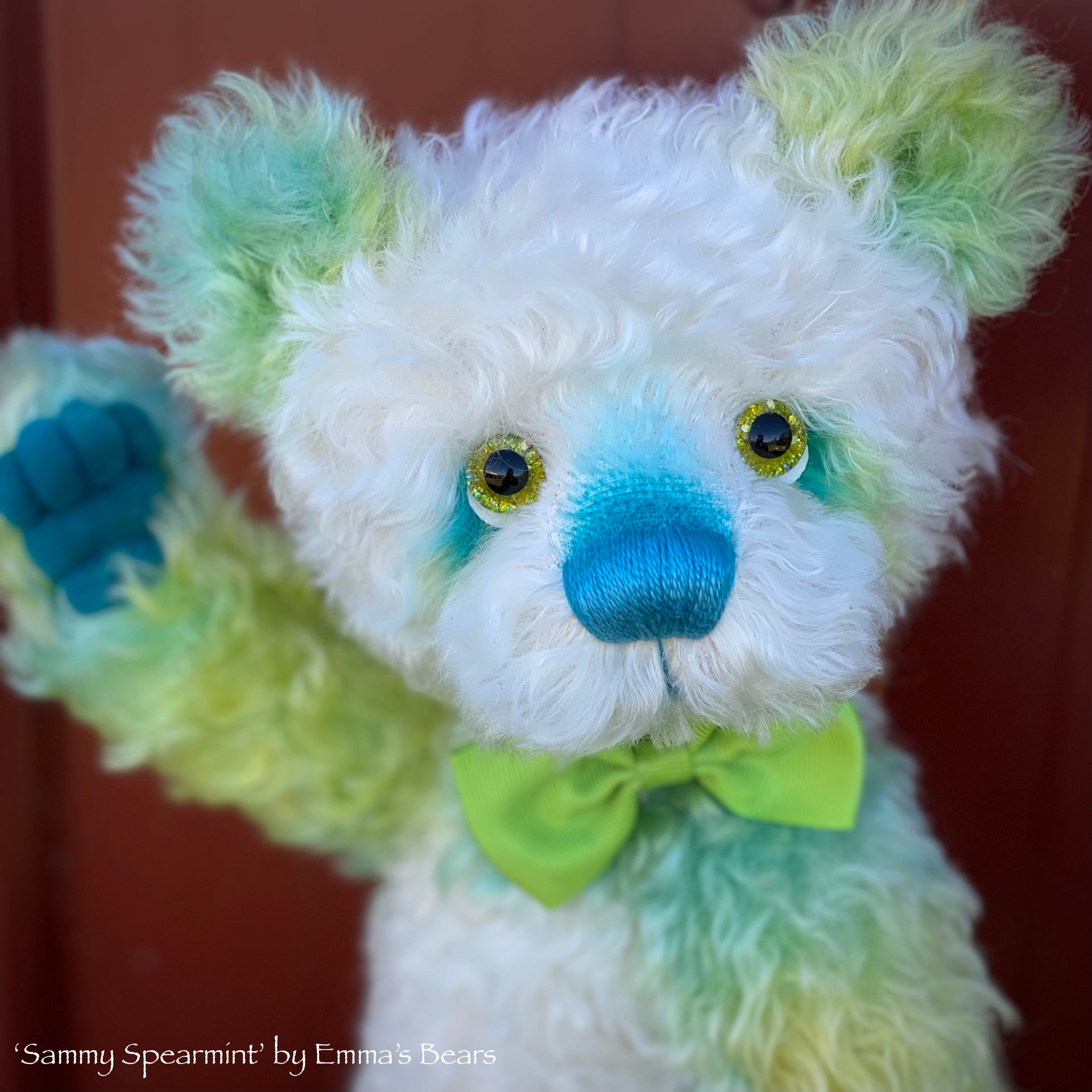 Sammy Spearmint - 14" Hand-dyed curly kid mohair Artist Bear by Emmas Bears - OOAK