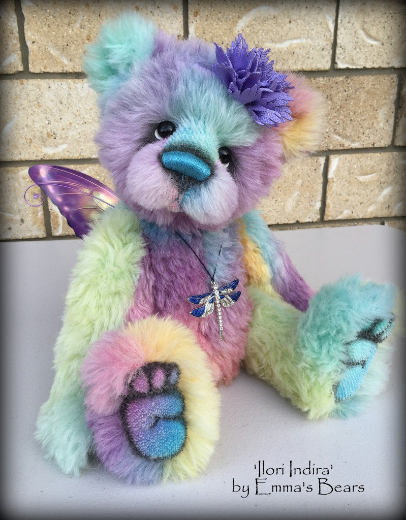 Ilori Indira - 16" hand dyed rainbow alpaca fairy bear  - OOAK by Emma's Bears