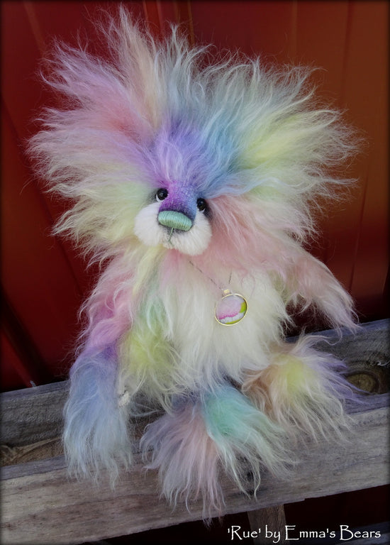 Rue - 11" rainbow long pile mohair bear by Emmas Bears - OOAK
