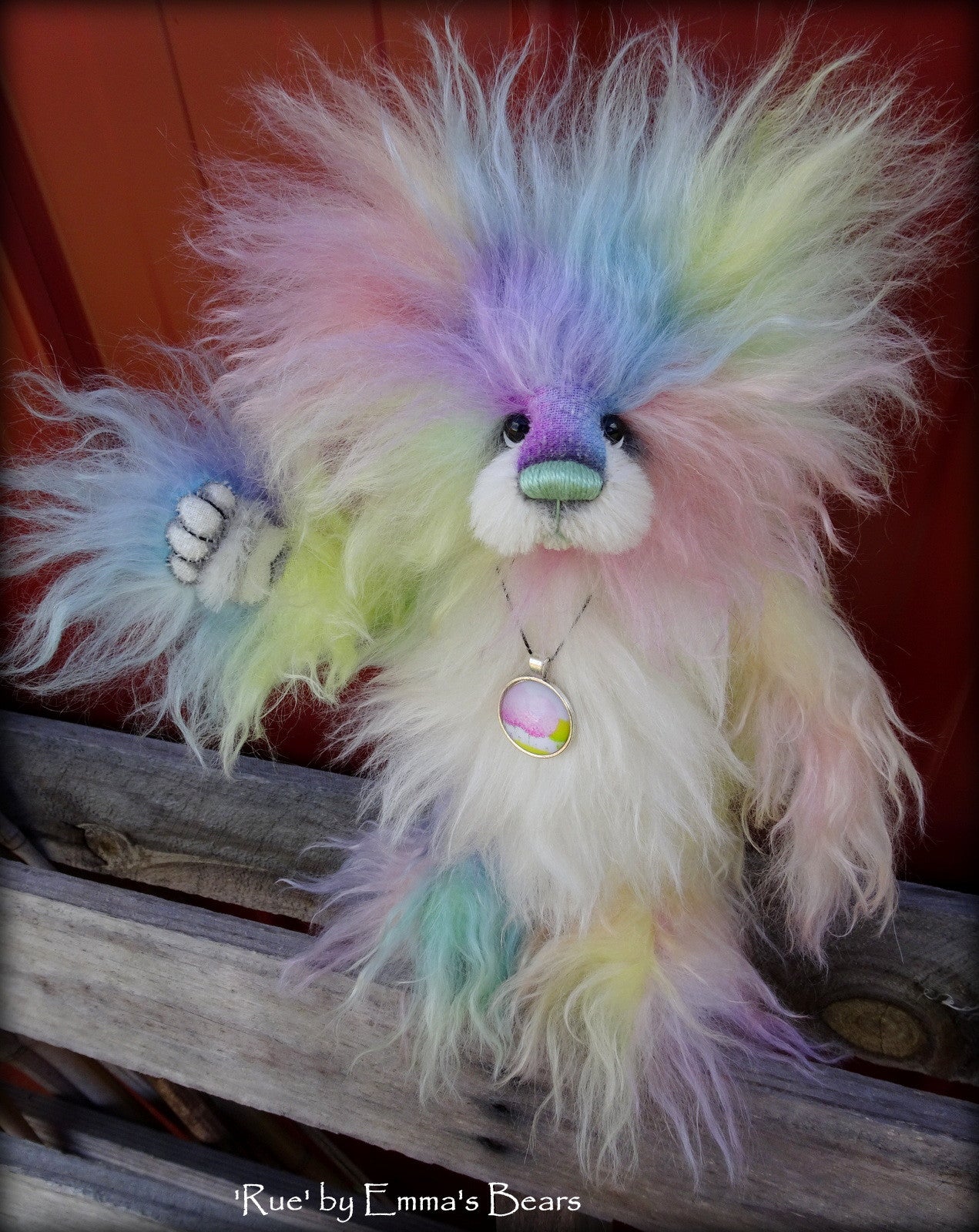 Rue - 11" rainbow long pile mohair bear by Emmas Bears - OOAK