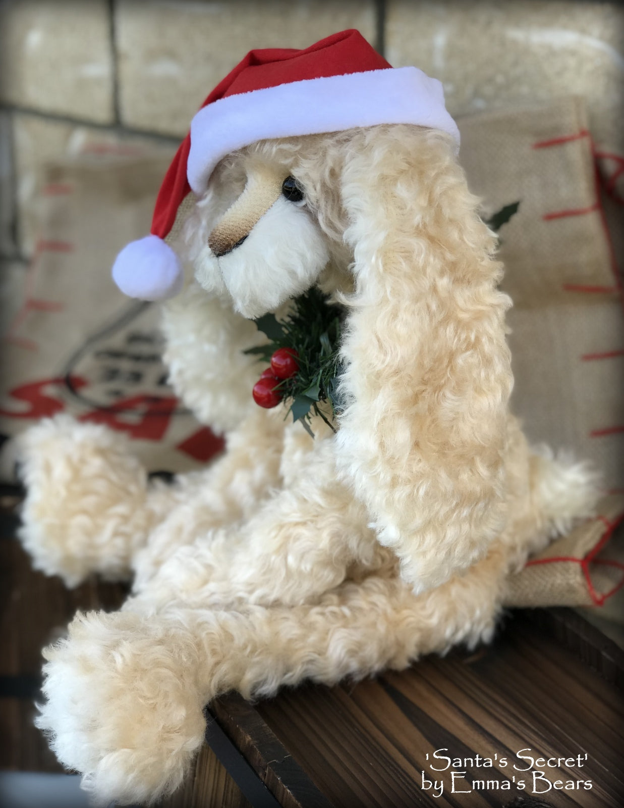 Santa's Secret - 18" lanky mohair Christmas Bunny by Emmas Bears - OOAK