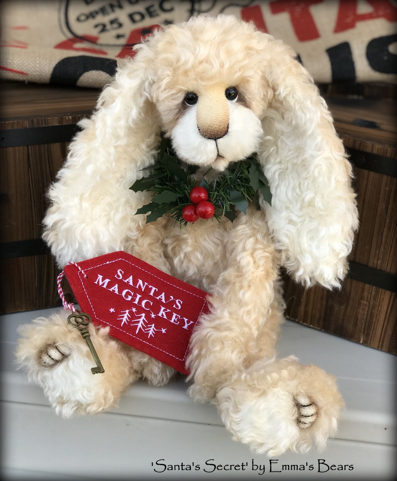 Santa's Secret - 18" lanky mohair Christmas Bunny by Emmas Bears - OOAK