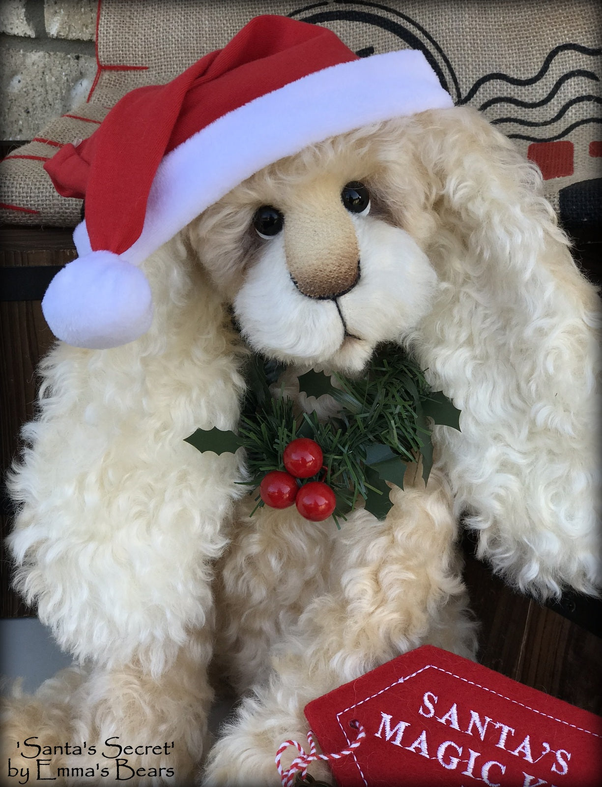Santa's Secret - 18" lanky mohair Christmas Bunny by Emmas Bears - OOAK