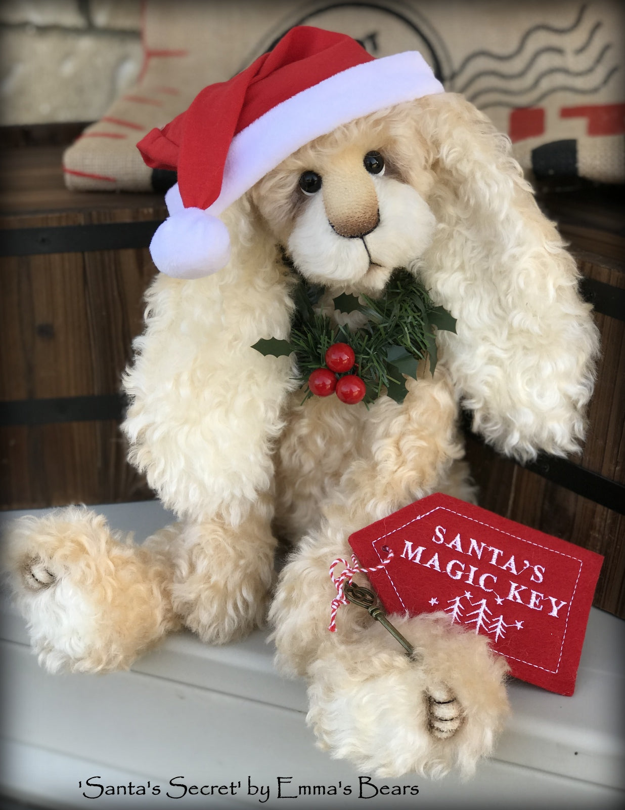 Santa's Secret - 18" lanky mohair Christmas Bunny by Emmas Bears - OOAK