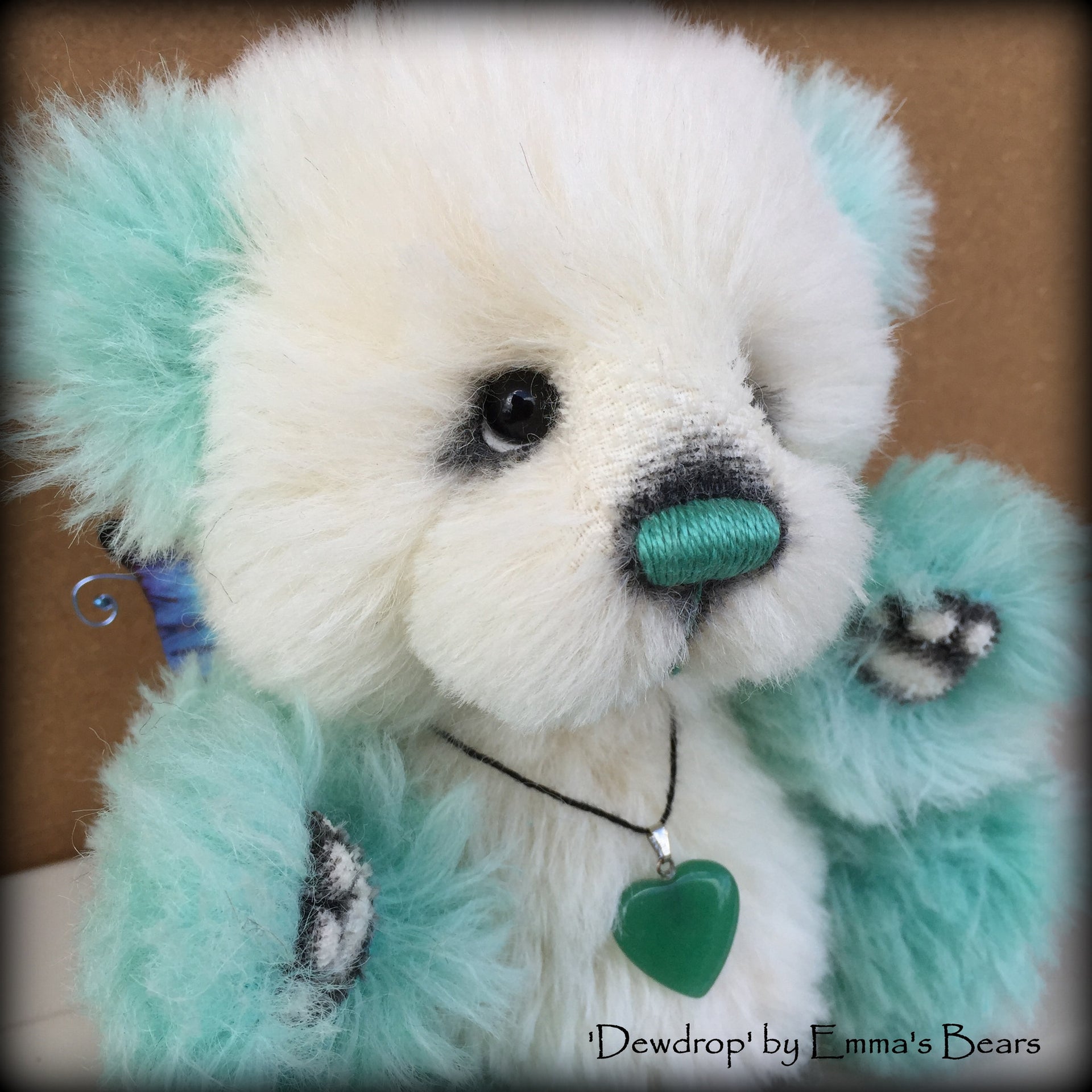 Dewdrop - 9IN aqua and white alpaca bear by Emmas Bears - OOAK