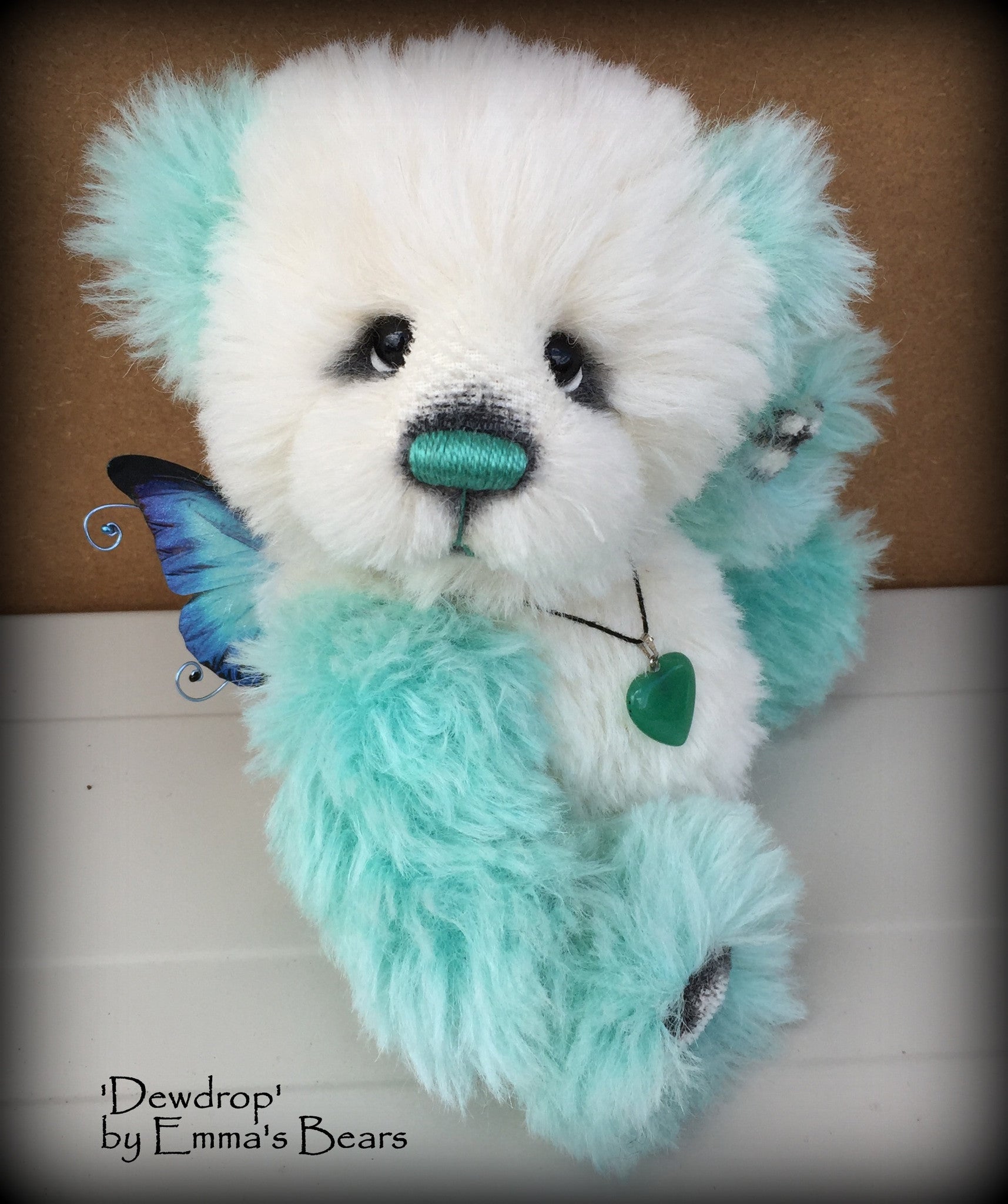 Dewdrop - 9IN aqua and white alpaca bear by Emmas Bears - OOAK