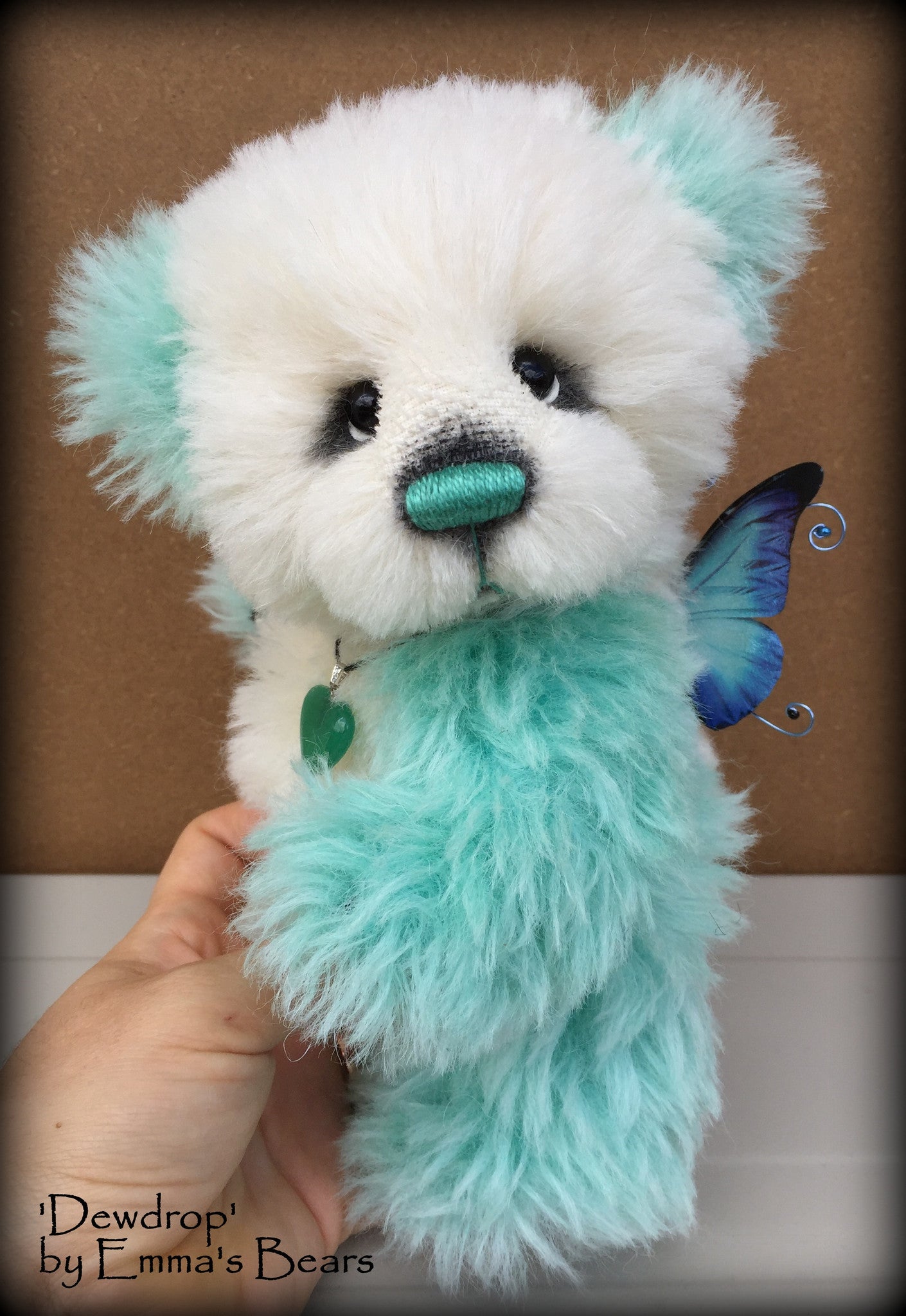 Dewdrop - 9IN aqua and white alpaca bear by Emmas Bears - OOAK